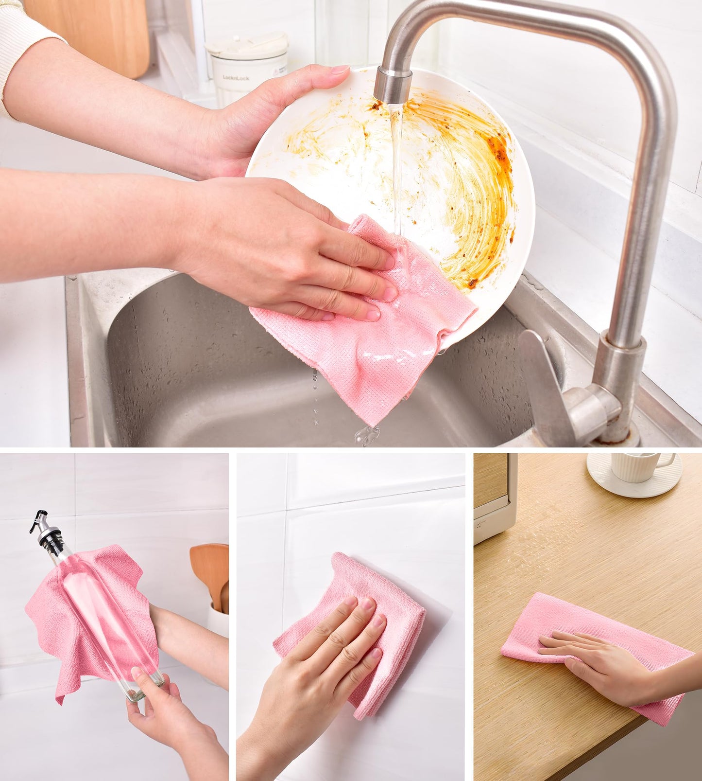 KitchLife Microfiber Cleaning Cloth Roll, 100 Pack - Tear-Away Towels, Lint-Free, Reusable, Washable for Kitchen, Car, Dishes, and Sensitive Surfaces (Pink)
