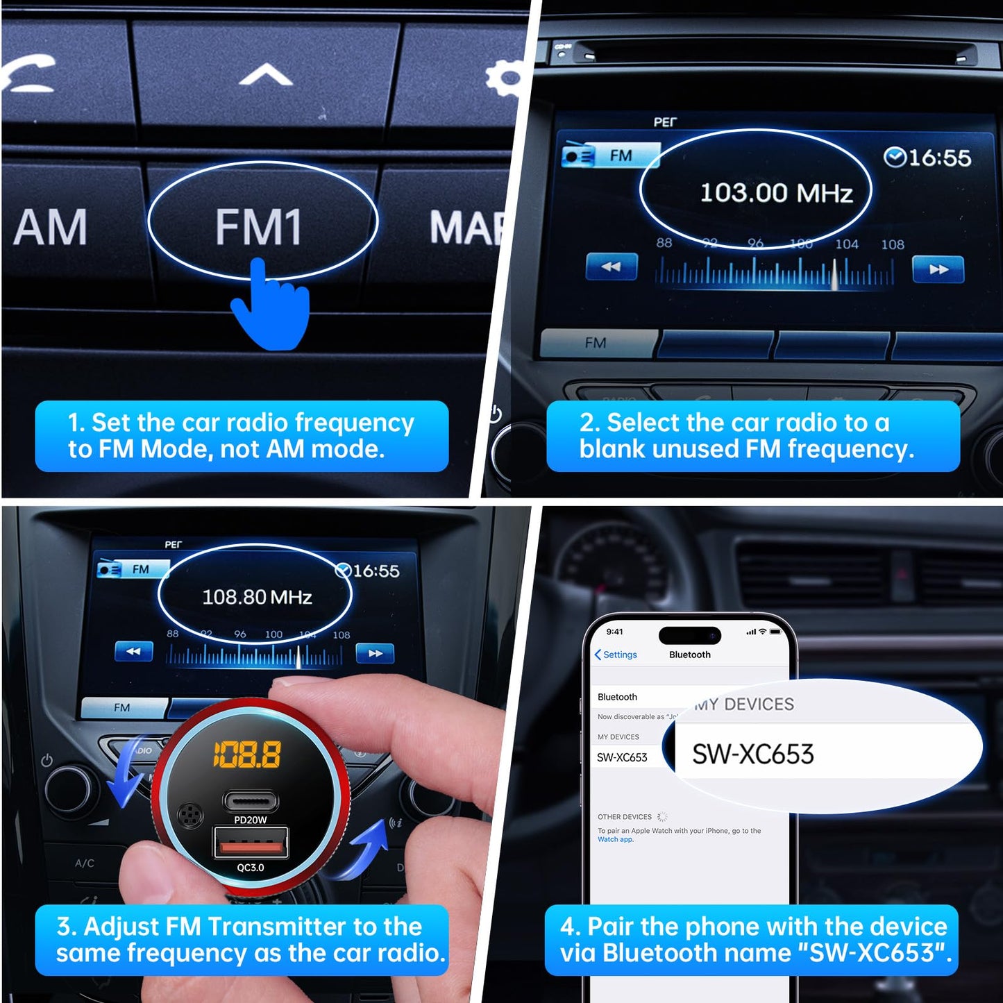 Syncwire Bluetooth 5.4 FM Transmitter for Car, 38W PD&QC3.0 Dual USB Charging Bluetooth Car Adapter Microphone & Bass Sound MP3 Music Player FM Kit with Hands-Free Calling
