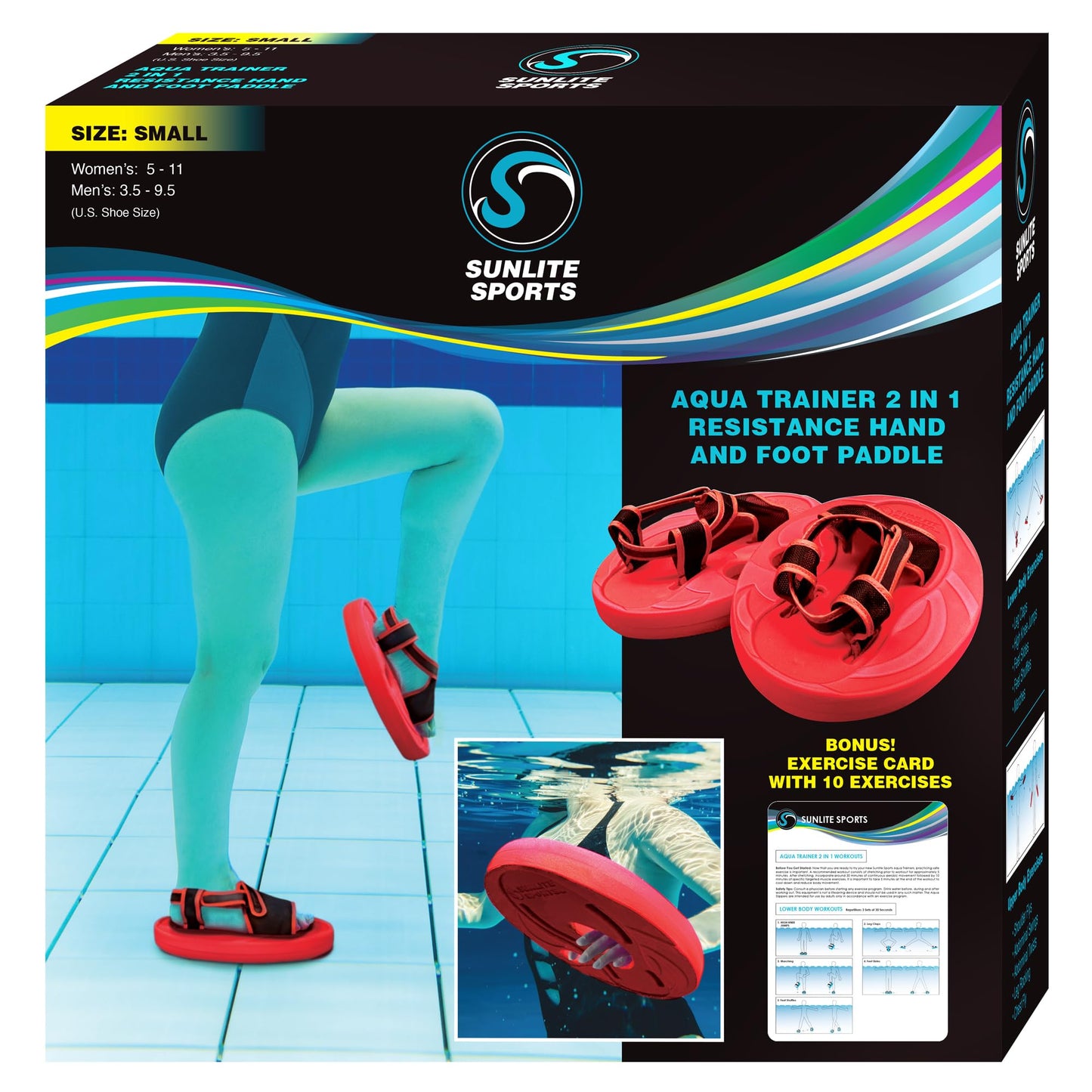 Sunlite Sports Aqua Trainer 2-in-1 Resistance Hand and Feet Paddle, Water Aerobics Set for Pool, Adult Aquatic Exercise for Aqua Workout, Low Impact Upper Lower Body Workouts