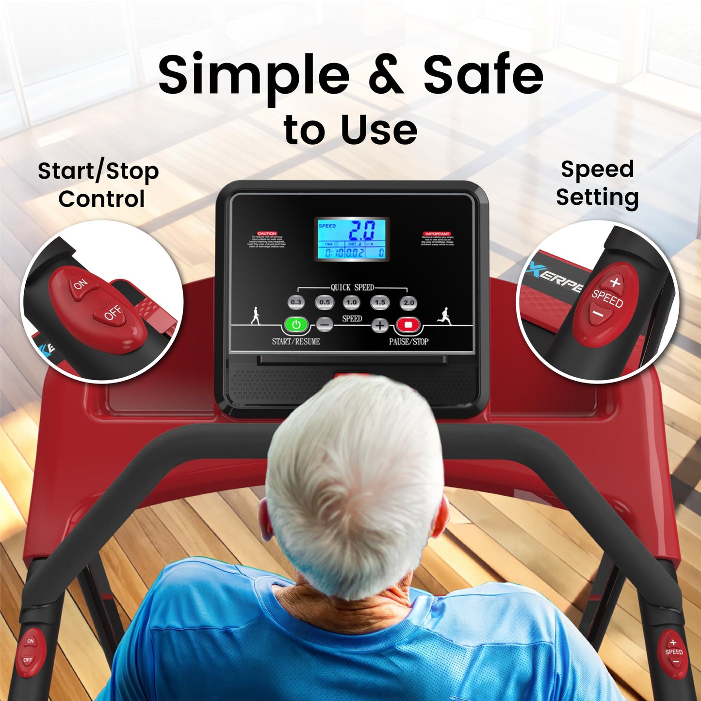 Senior Fitness Treadmill, 400 lb Capacity, Safe Design with Full-Length Rails, Low Step-Up Height, 0.3–4 MPH Motorized Walking Treadmill for Elderly, Recovery & Home Exercise