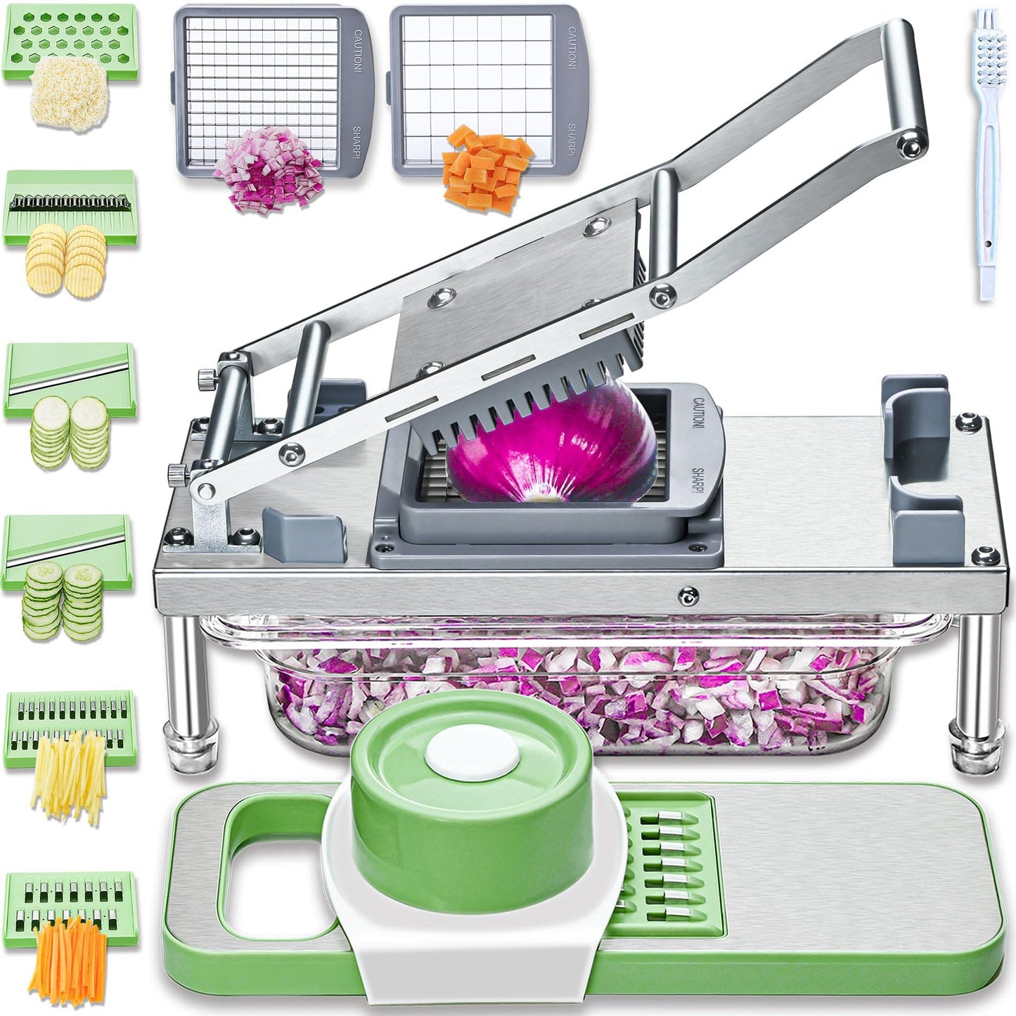 All-in-1 Vegetable Chopper with 8 Blades - Mandoline Slicer-Pro Food Chopper with Container - Veggie Salad Onion Chopper - Potato Dicer French Fry Cutter - Cheese Grater - Stainless Steel material