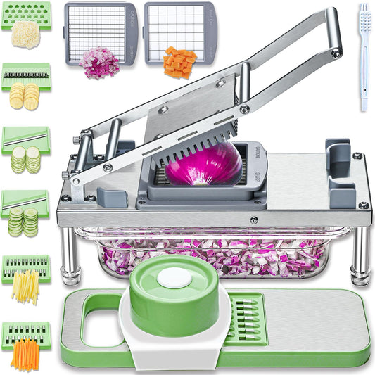 All-in-1 Vegetable Chopper with 8 Blades - Mandoline Slicer-Pro Food Chopper with Container - Veggie Salad Onion Chopper - Potato Dicer French Fry Cutter - Cheese Grater - Stainless Steel material