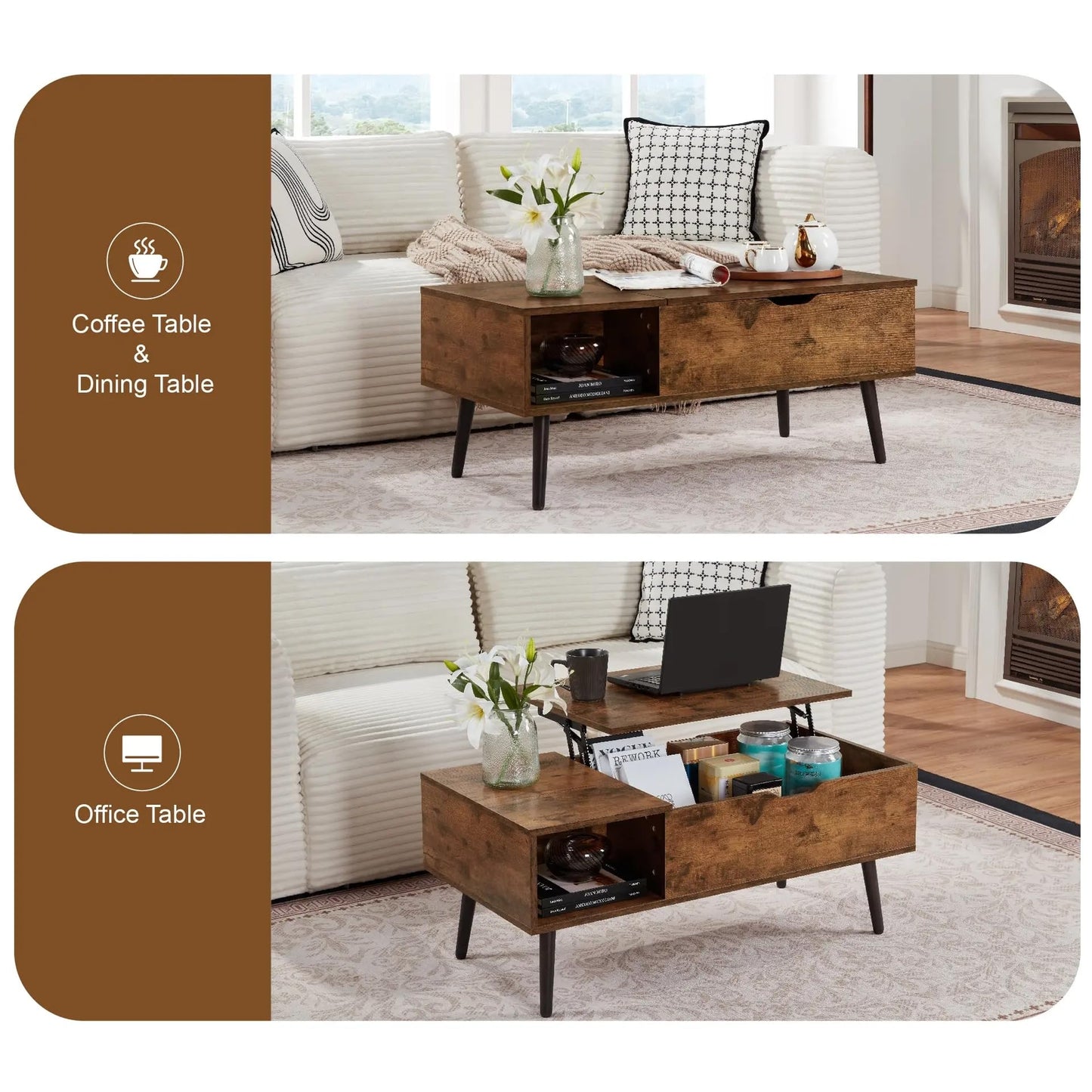 SANODESK 39" Wood Lift Top Coffee Table with Hidden Compartment and Storage Shelf for Living Room, Reception Room, Brown