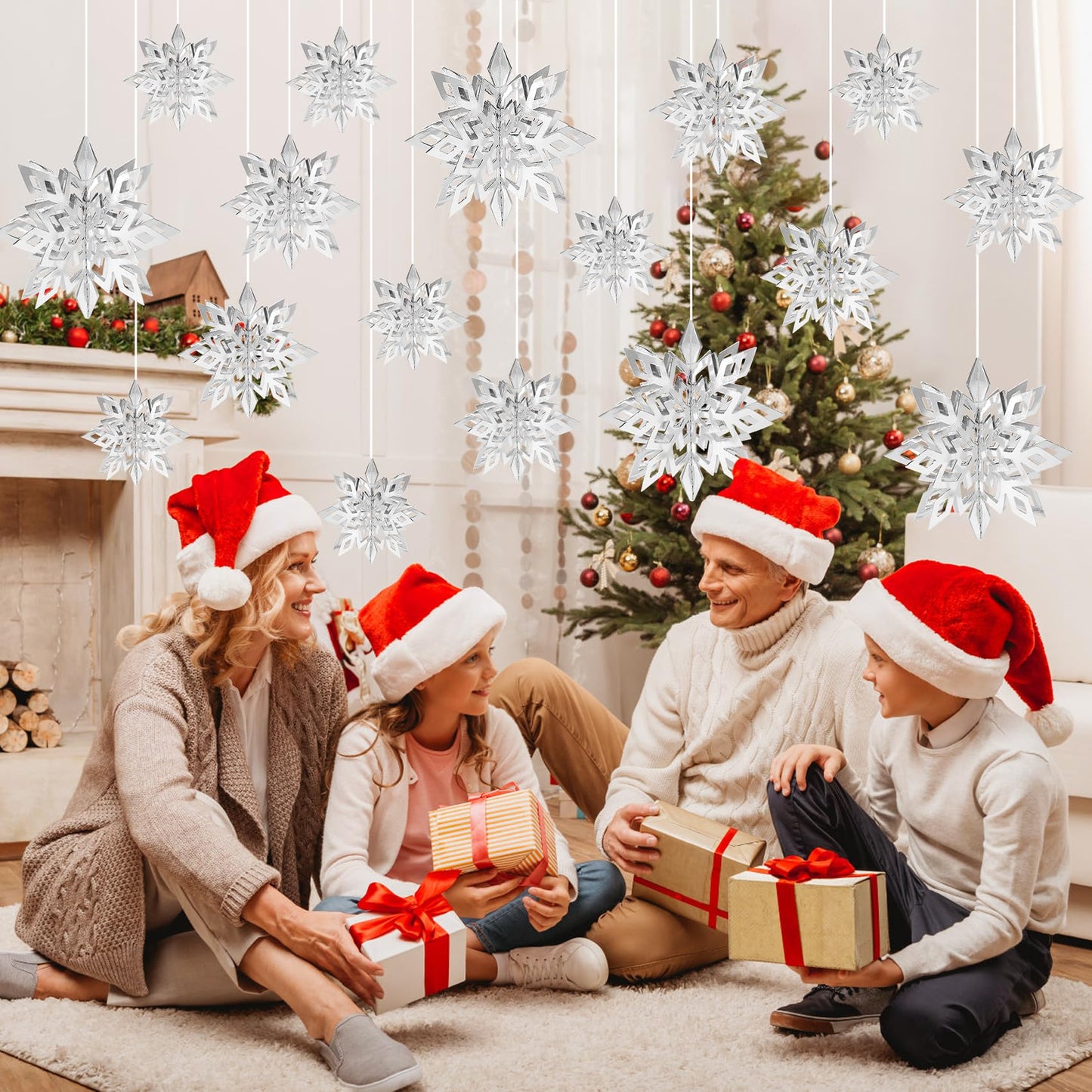 36PCS Christmas Snowflake Decorations, 3D Large Silver Paper Snowflakes Garland Hanging Snow Flakes for Winter Wonderland Christmas Party Decorations Holiday New Year Home Decor, Silver