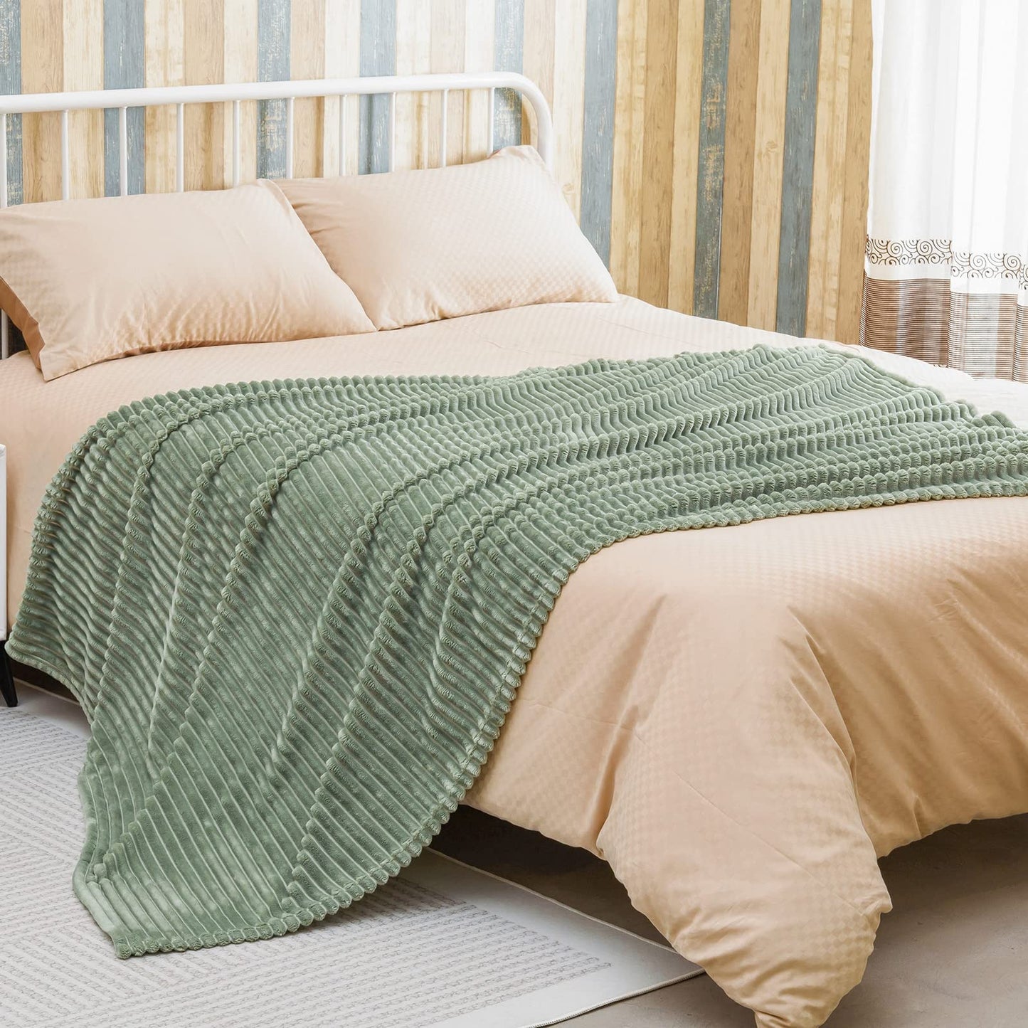 Bnuitland Sage Green Flannel Throw Blanket,300GSM Super Soft Fleece Stripe Pattern Sofa Blanket for Adults and Kids, Lightweight Cozy Bed Throw for Home Decor All Season