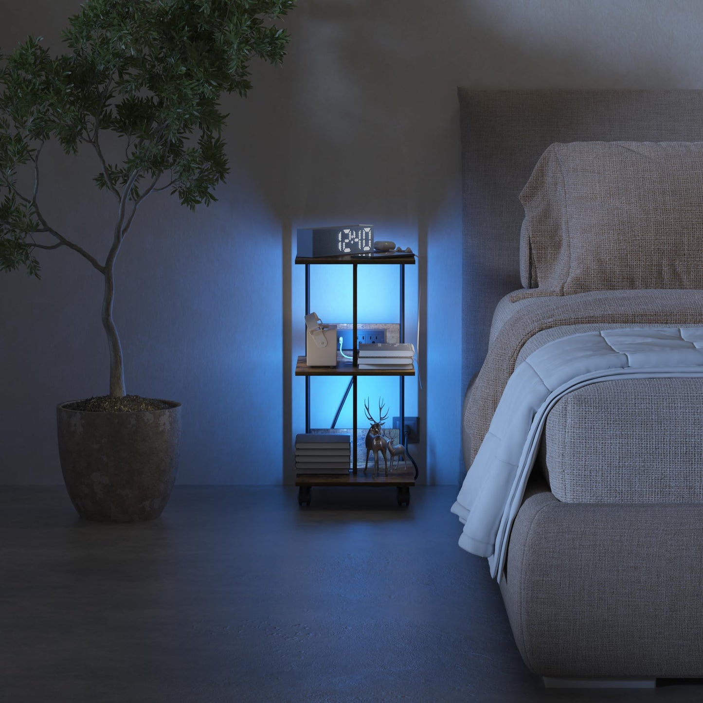 End Table with Charging Station & LED Lights, 3 Tier Movable Wooden Nightstand with Wheels Storage Shelves, Narrow Bedside Tables Side Table for Living Room Bedroom Home Office, Easy to Assemble
