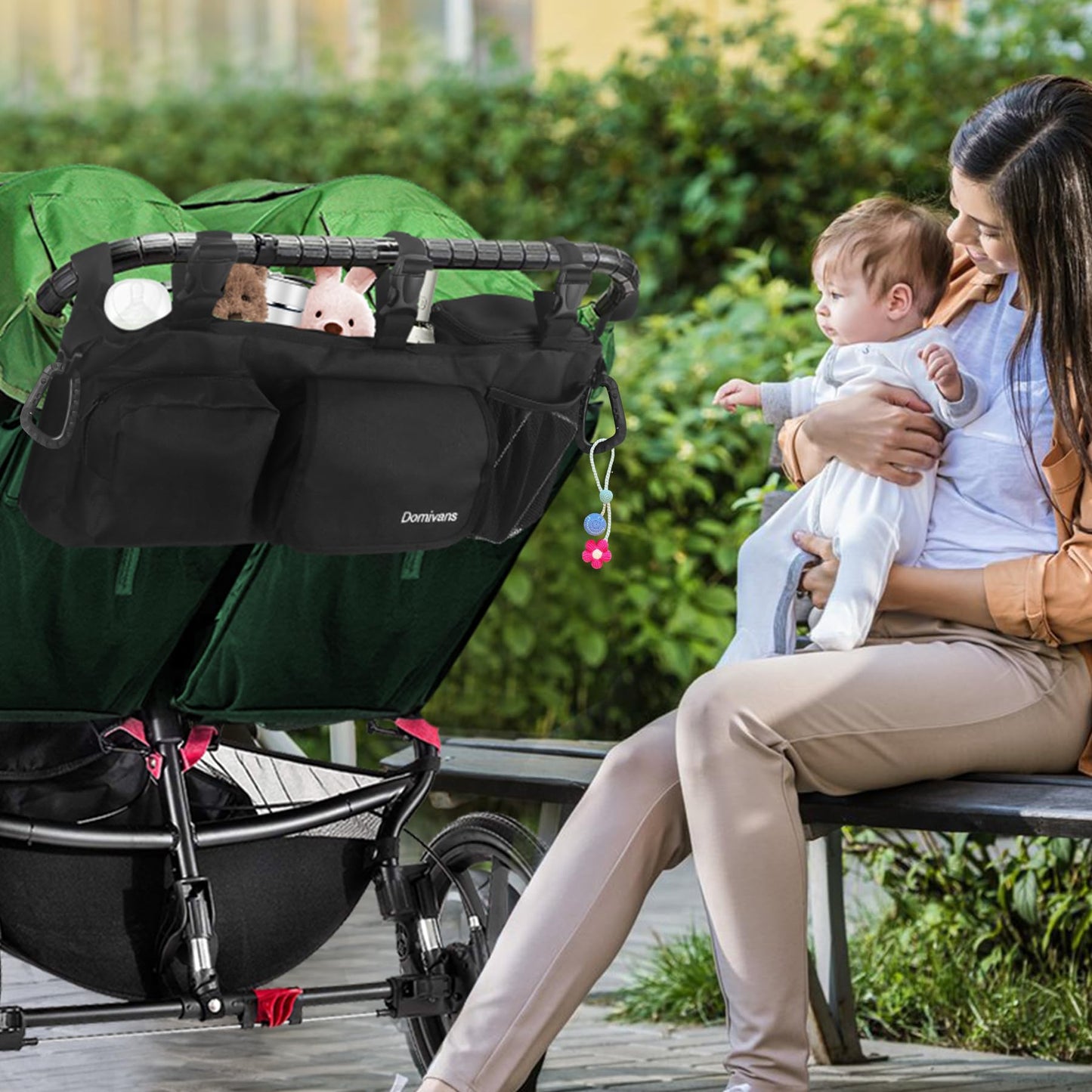 Domivans Double Stroller Organizer,Double Stroller Caddy for Bob Duallie and Baby Jogger City Mini GT2,Extra Large Double Baby Stroller Accessories with Cup Holder,Black(Empty Bag)