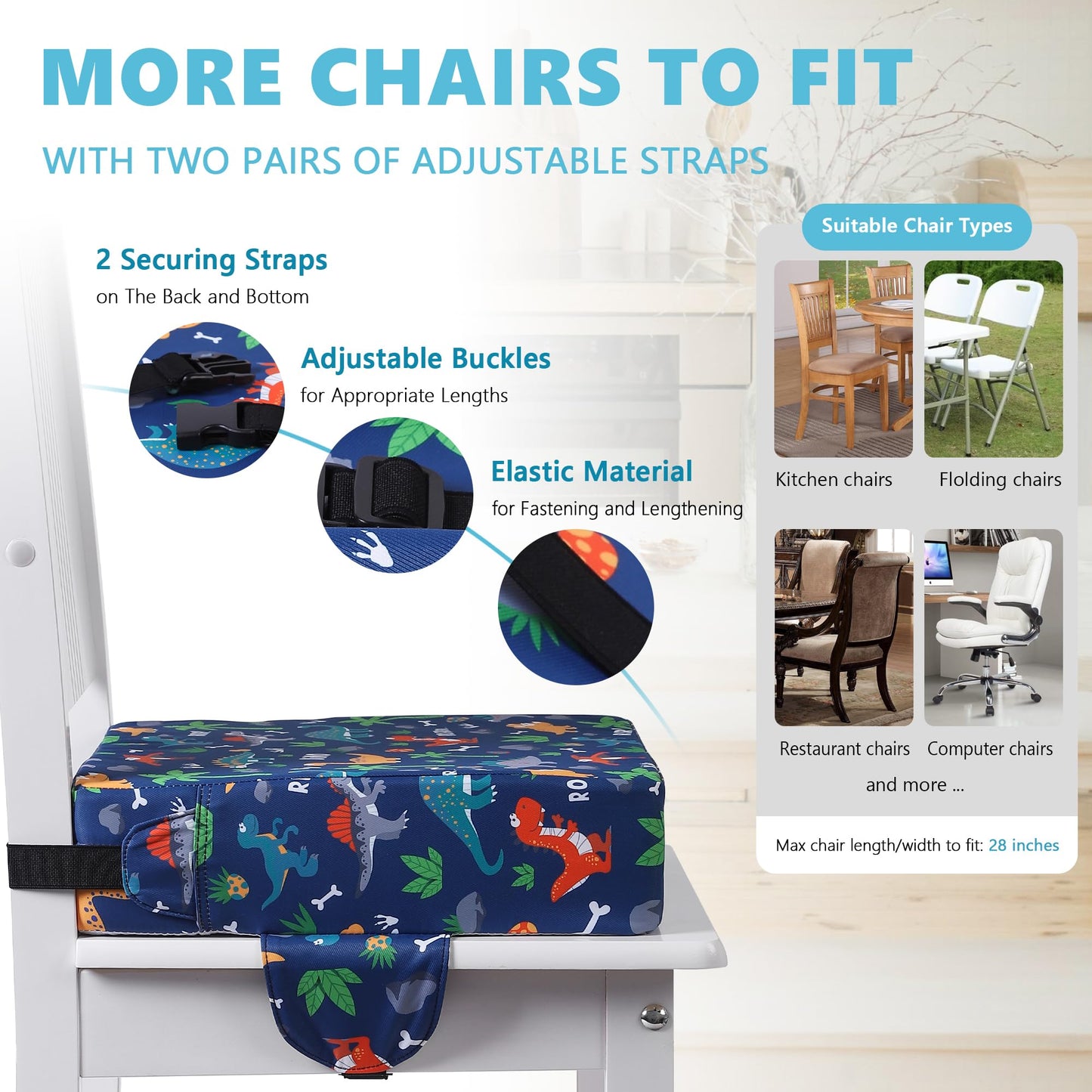 Sylynvia Booster Seat for Kitchen Chair with Adjustable Straps, Toddler Booster Seats for Dining Table Portable for Travel Camping Eating, Booster Cushion for Table for Baby Child Infant Kid Boy Girl