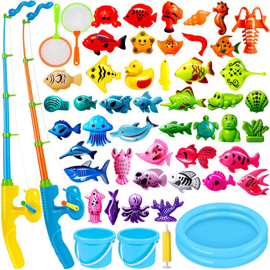 CozyBomB™ Magnetic Fishing Toys Game Set for Kids | Water Table Bathtub Kiddie Pool Party & Pole Rod Net, Plastic Floating Fish Toddler Color Ocean Sea Animals Birthday Age 3 4 5 6 Year
