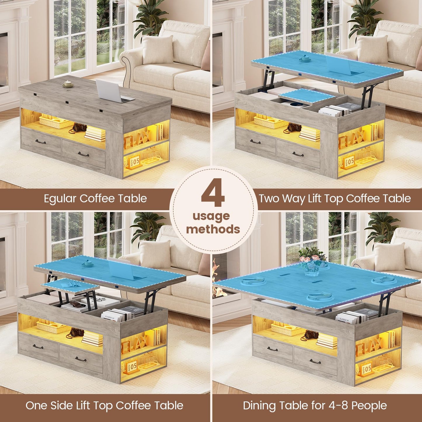 Itaar Lift Top Coffee Table, 4 in 1 Coffee Tables with Storage and Hidden Compartment, Farmhouse Coffee Table with 2 Fabric Drawers & LED Light for Living Room, Grey Oak