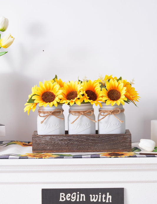 Mason Jar Sunflower Kitchen Decor, Spring Centerpieces for Tables with Sunflowers Artificial Flowers, Farmhouse Wood Tray, Sunflower Spring Bathroom Table Decor, Centerpiece Table Decorations for Home