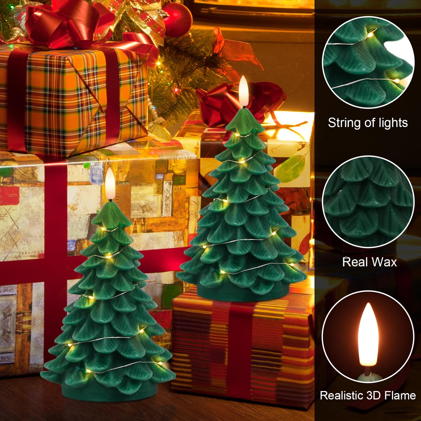 KunSwenn Christmas Tree Candles, 2 Pack Christmas Taper Candles with Remote Timer, Real Wax LED Flameless Taper Candlesticks Battery Operated with String Light for Christmas Decorations