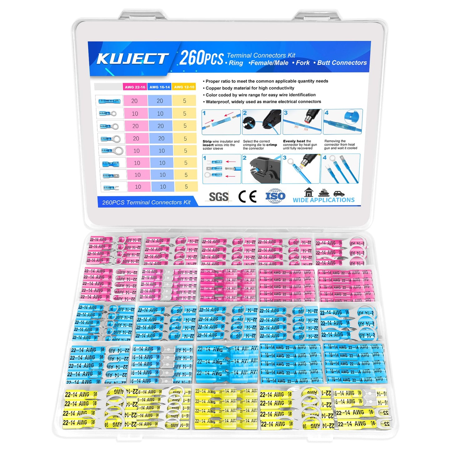 Kuject 320PCS Heat Shrink Wire Connectors Kit, Electrical Waterproof Crimp Butt Terminals, Insulated Spade Connectors for Automotive Marine Boat Truck, Include Rings Forks Spade Butt Splices