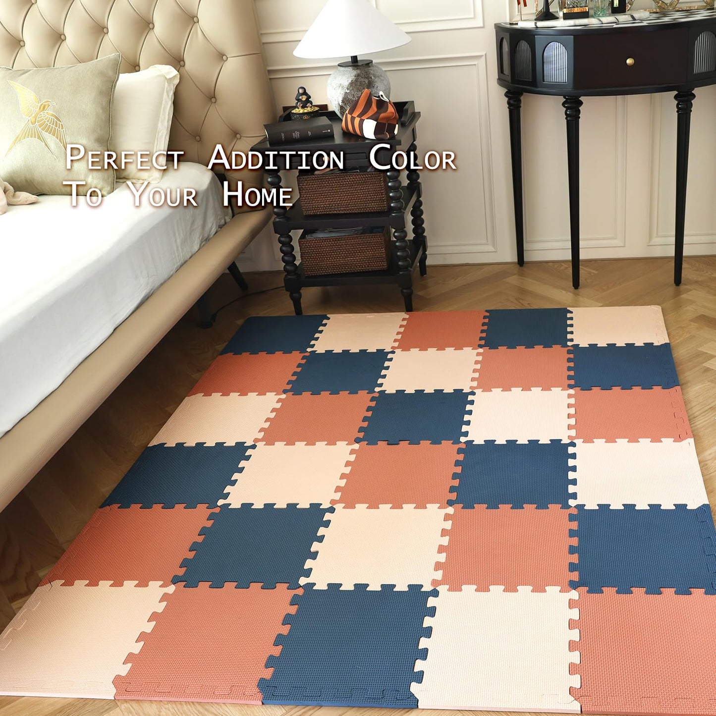 TCBunny Kids Soft EVA Foam Jigsaw Puzzle Play Mat, 18 Interlocking Tiles and Edges Baby Play Mat, for Kids Gym, Nursery, Playroom, Pet Mat, Total Floor Coverage 16 Sq Ft, Blue/Pink/Cream