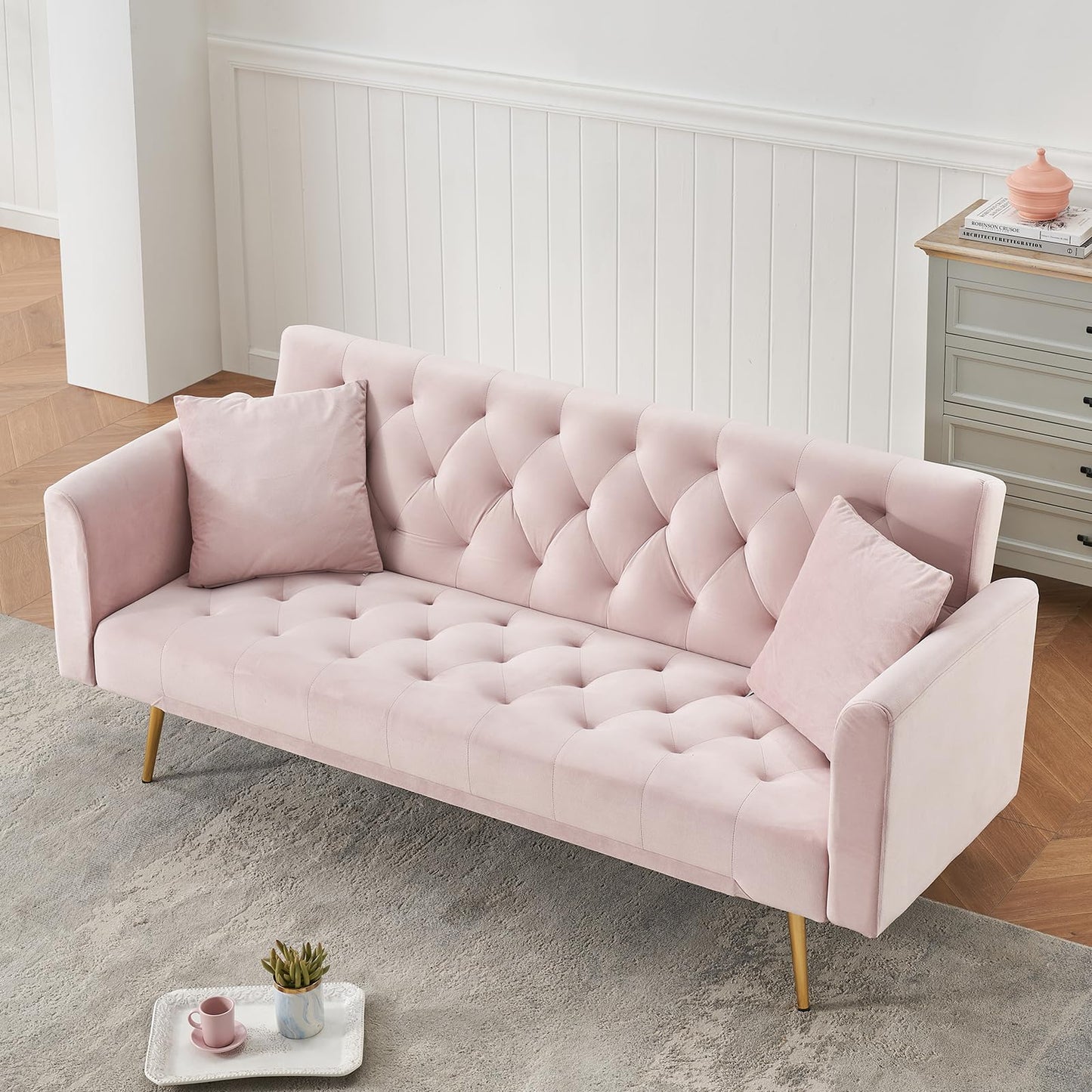 71" Modern Velvet Sofa Bed Futon, Convertible Sleeper Couch with Adjustable Backrest, Tufted Recliner Loveseat with Golden Chrome Legs & 2 Pillows for Small Spaces, Living Room, Apartment (Pink)