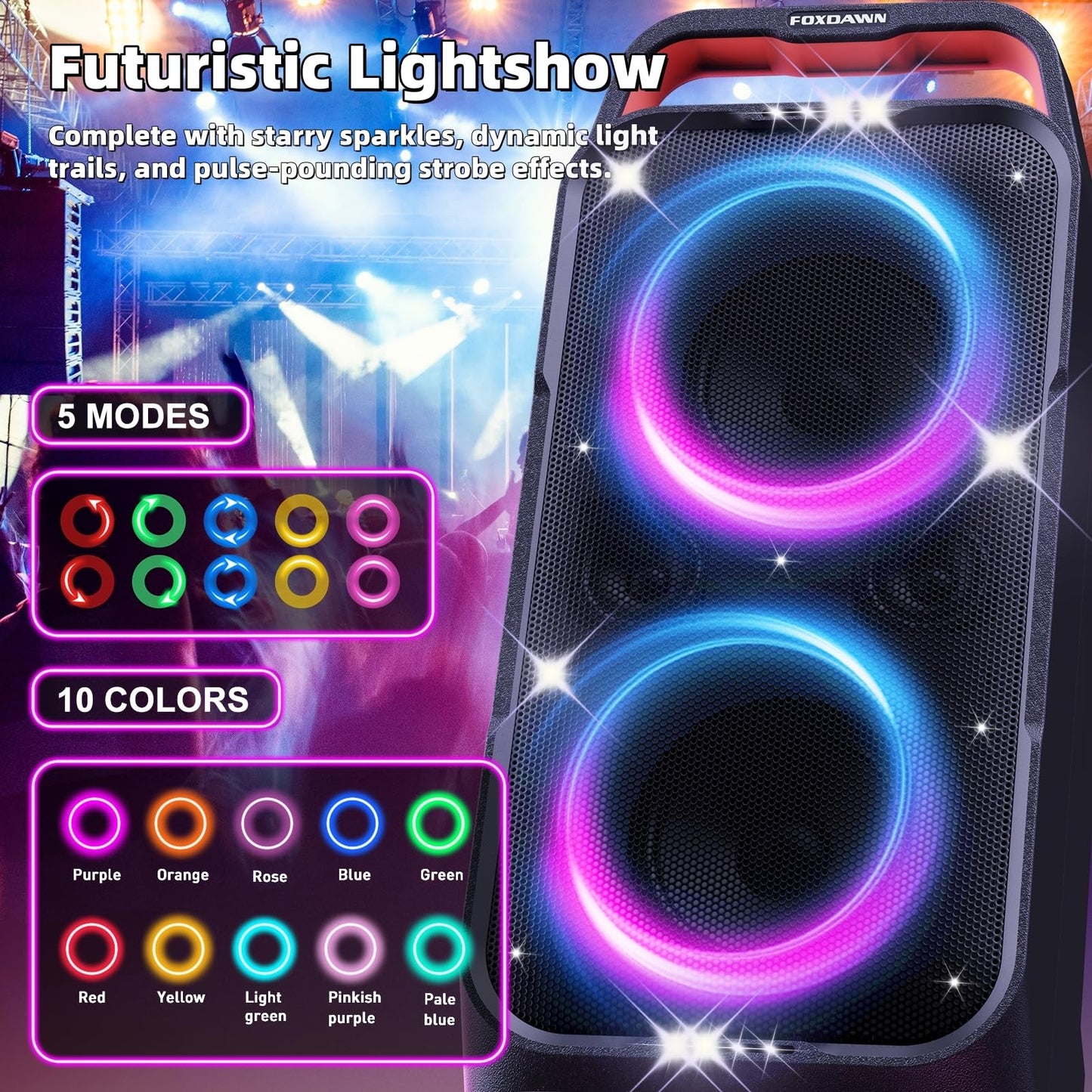 Foxdawn Portable Bluetooth Speaker: 240W Peak Powerful Loud Sound Deep Bass Wireless Boombox Large Subwoofer 15 Hours Battery Life Fast Charging with Led Light Show for Party Outdoor Camping Backyard