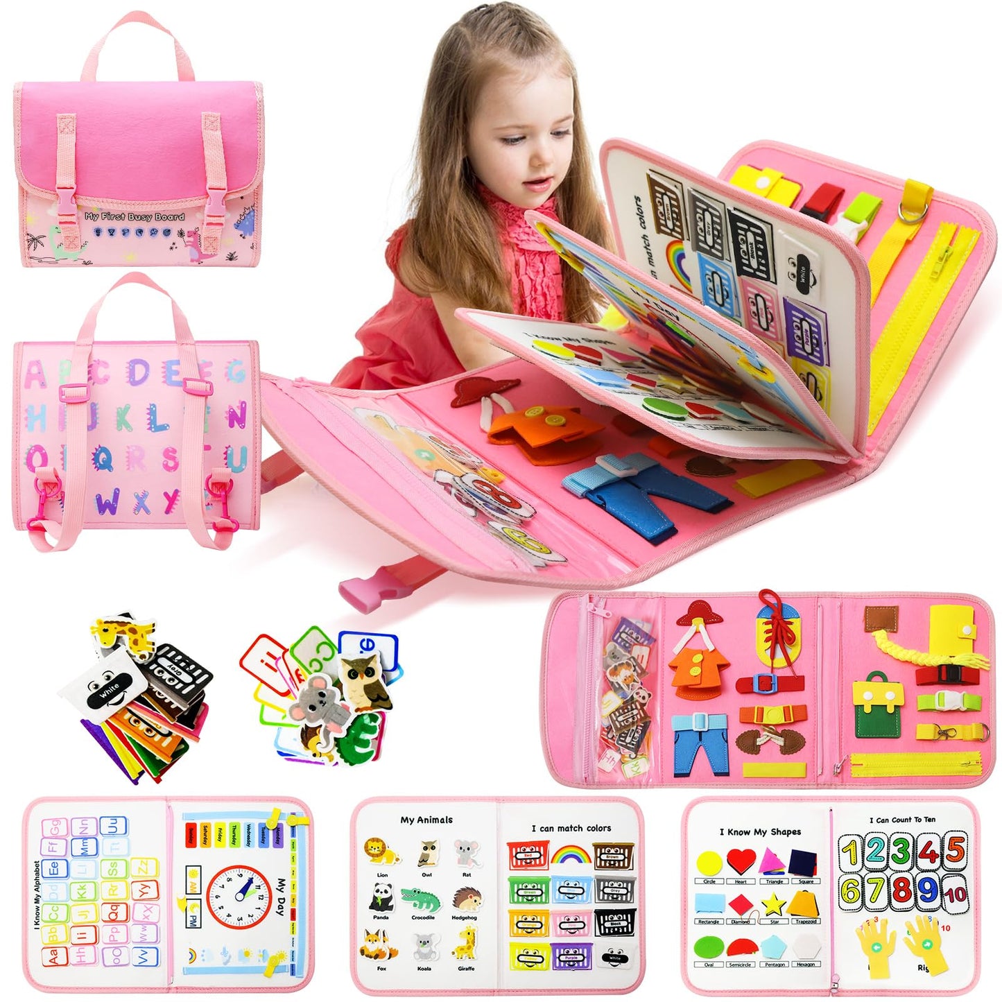 CHUAWANLY Busy Board Montessori Toys for Toddler,Busy Book - Sensory Preschool Learning Activities Educational Toys with Fine Motor Skills,Gift for Boys Girls,Travel Essentials for Plane Car (Pink)