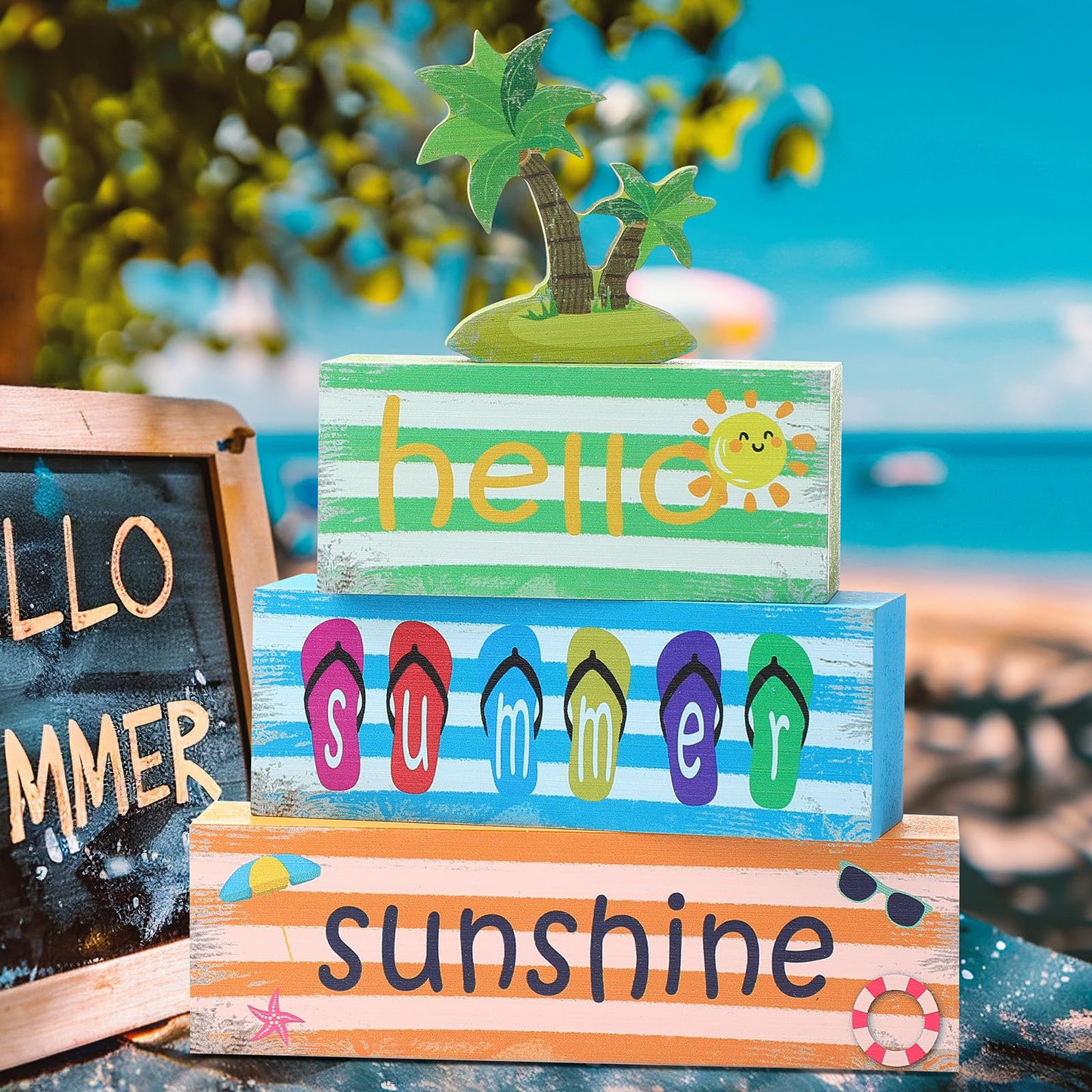 Hello Summer Wooden Tiered Tray Decor - Rustic Farmhouse Table Centerpiece & Shelf Decor for Home Office Indoor, Summer Tabletop Sign Blocks with Books Stack Design,Kitchen Decorations(Set of 4)