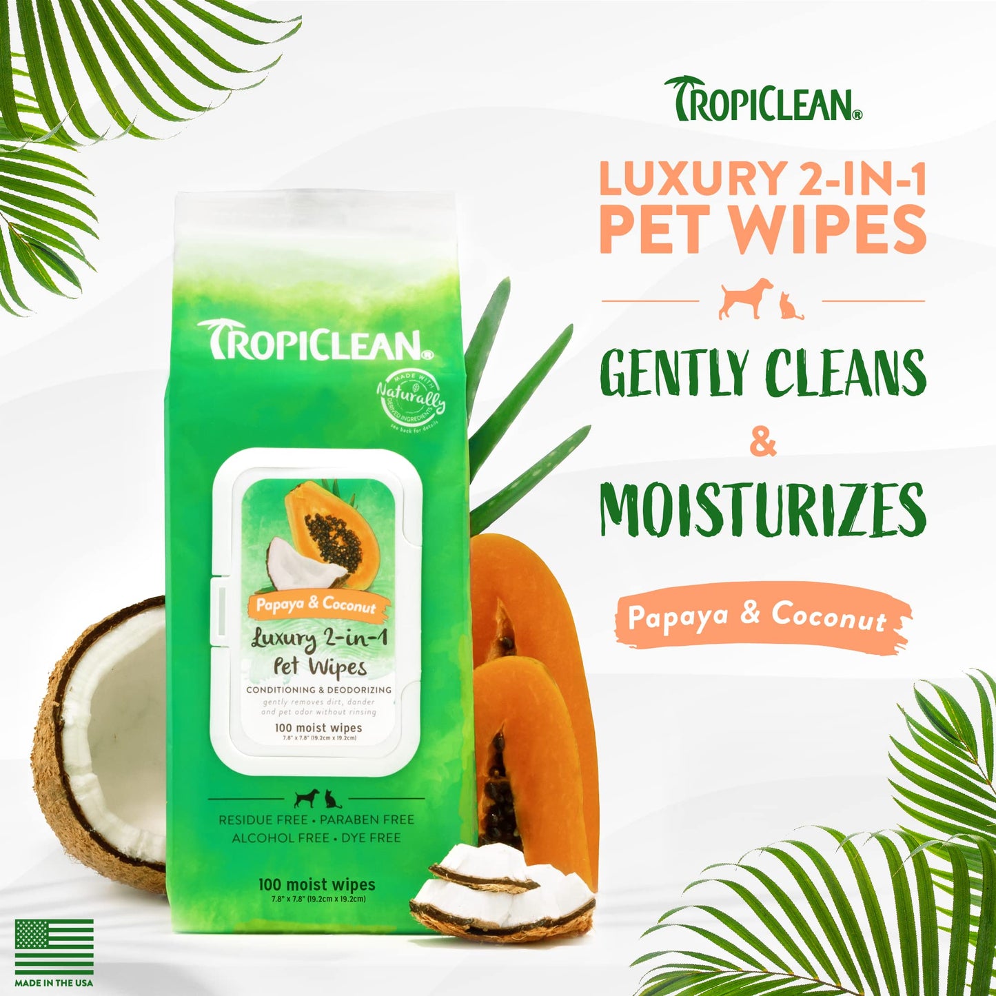 TropiClean Dog Wipes for Paws, Butt, Face, and Body, Anytime Cleaning and Deodorizing Pet Wipes, Safe for Licking, Papaya Scent, Cat Safe, 100ct