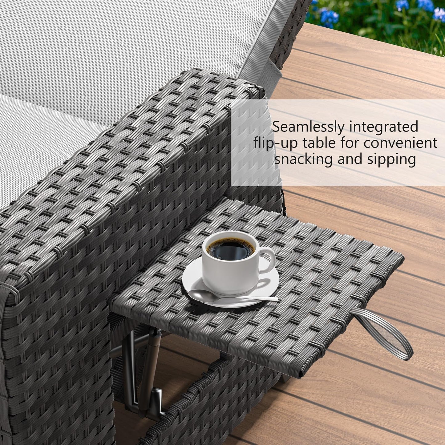 Outdoor Recliners Set of 2 - Wicker Patio Reclining Chairs with Flip-Up Side Table, 150° Lay-Flat Position, Extended Footrest & Removable Gray Olefin Cushions