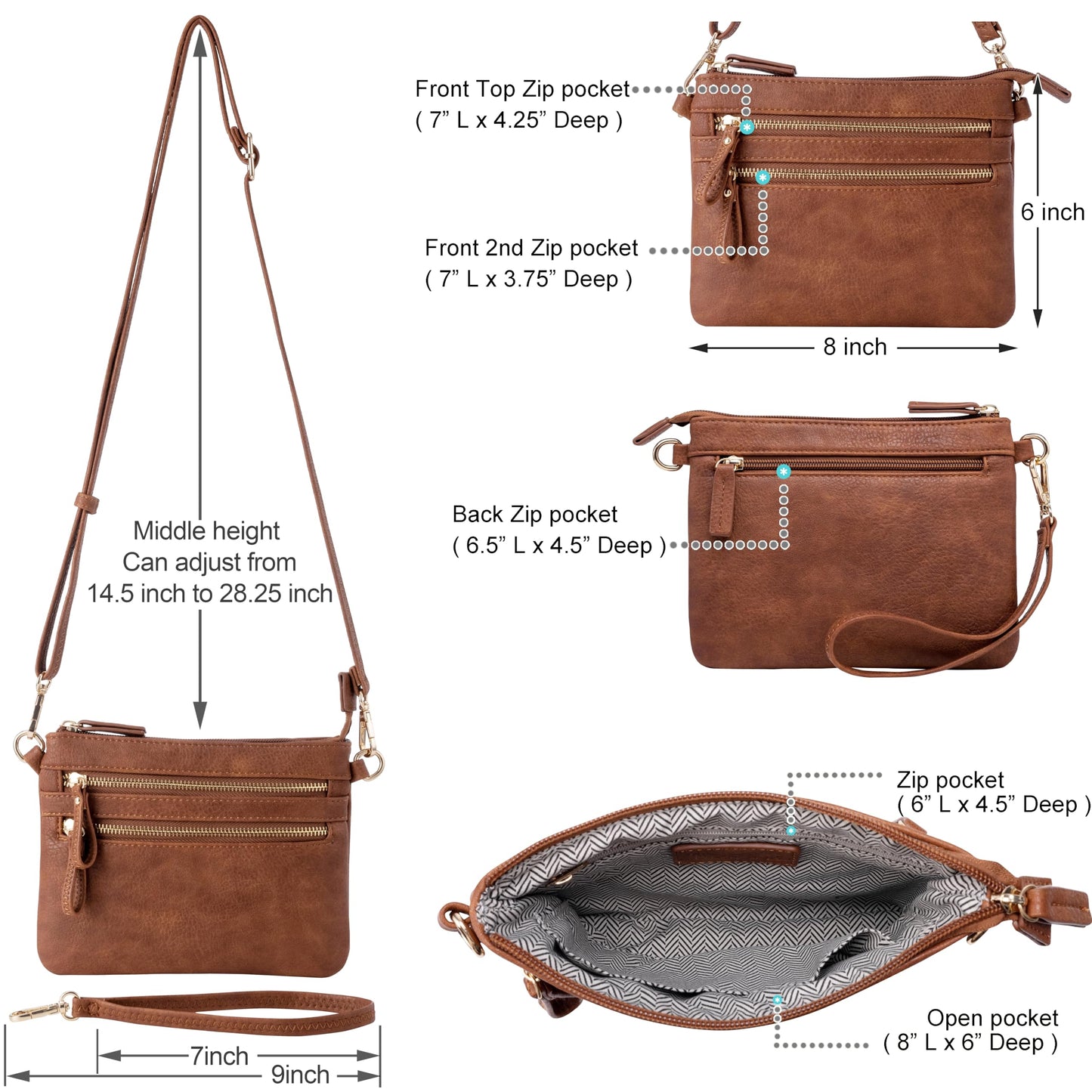 B BRENTANO Vegan Mini Multi-Zipper Crossbody Handbag Purse with Removable Wristlet & Adjustable Shoulder Strap (Brown NN)