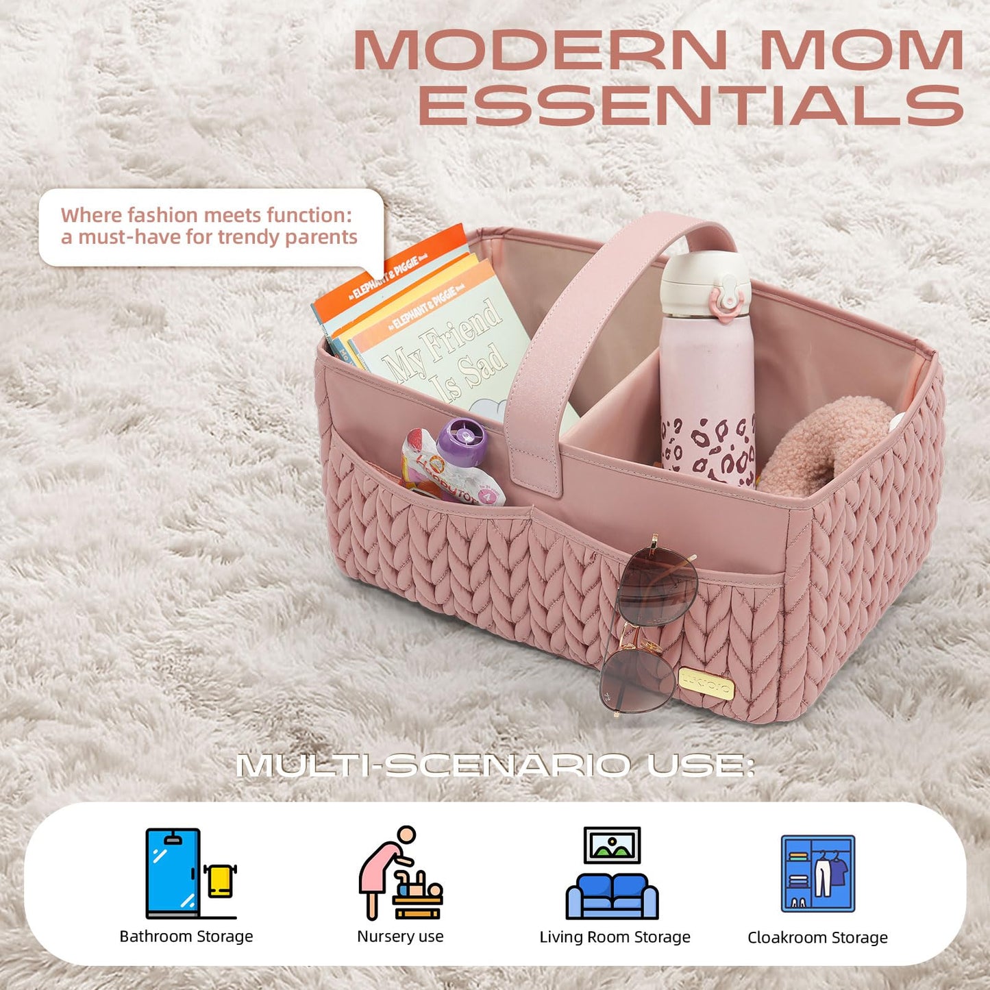 LUKJOJO Luxurious Baby Diaper Caddy, Nursery Storage Basket for Newborn Boy and Girl, Travel Baby Basket for Diapers Baby Wipes, Organizer Tote Bag Storage Bin, Baby Shower Gifts(dusty rose)