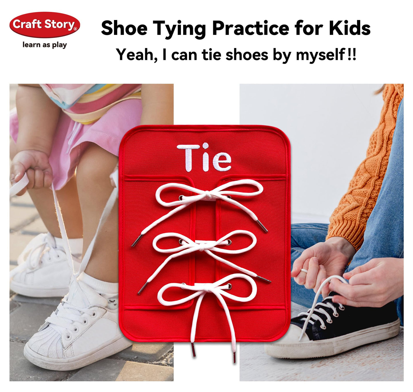 Craftstory Toddlers Montessori Busy-Board for 3 4 5 Year Basic-Life-Skills Shoe-Tying Practice for Kids, Buckle Zip String Toys Fine-Motor Skill Toys Teacher Resoures Preschool Classroom, Medium