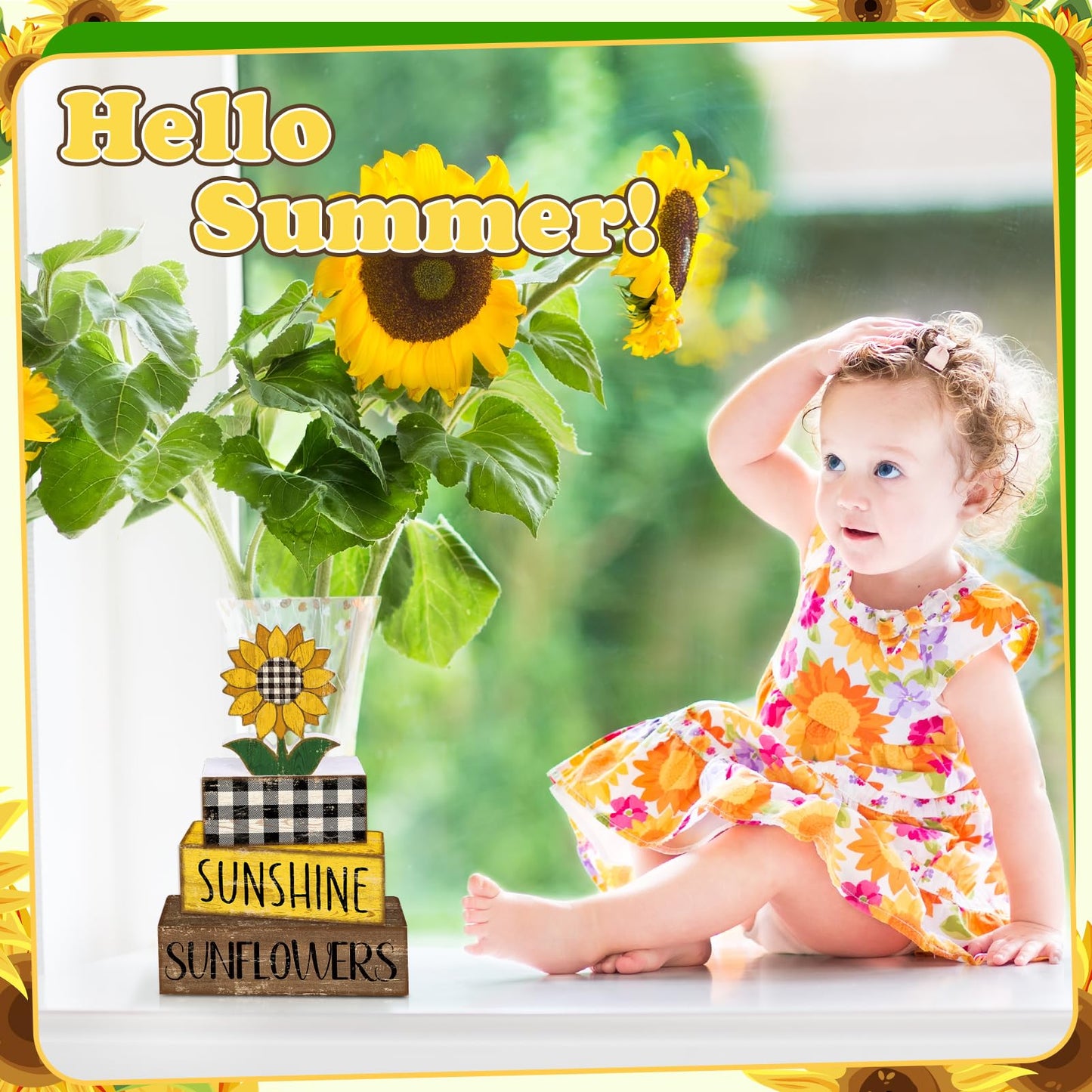 Britimes 4 Pcs Summer Sunflower Decor Wooden Tiered Tray Sign, Farmhouse Rustic Decorative Book Stack Block Sunshine Table Centerpieces for Home Shelf Table Decorations (Sunflower)