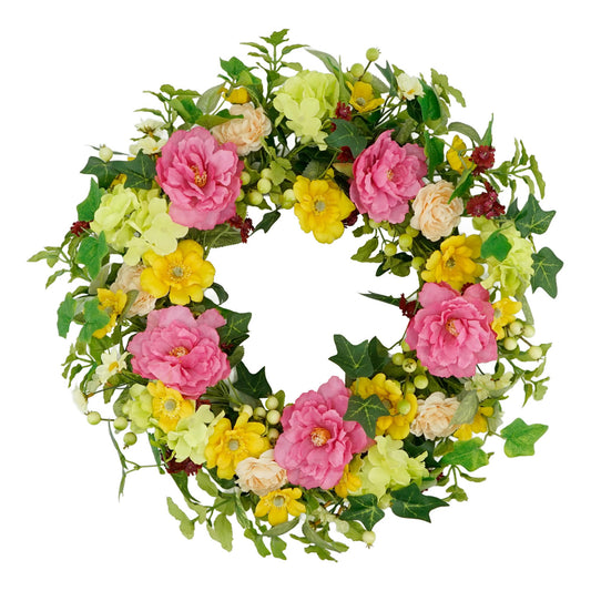 YNYLCHMX 18" Spring Summer Wreaths for Front Door, Artificial Floral Wreath with White Berries and Eucalyptus Leaves, Green Foliage Wreath for Wall Window Farmhouse Party Holiday Home Decor