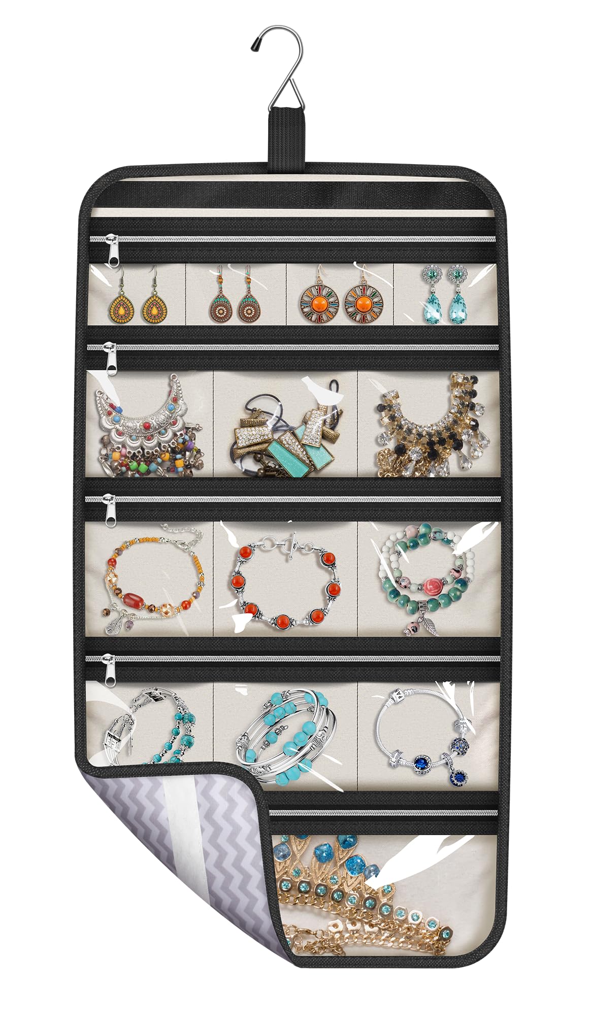 MISSLO Hanging Jewelry Organizer Travel Foldable Jewelry Roll Storage Case with 14 Cotton Zippered Pockets for Traveling, Closet, Suitcase