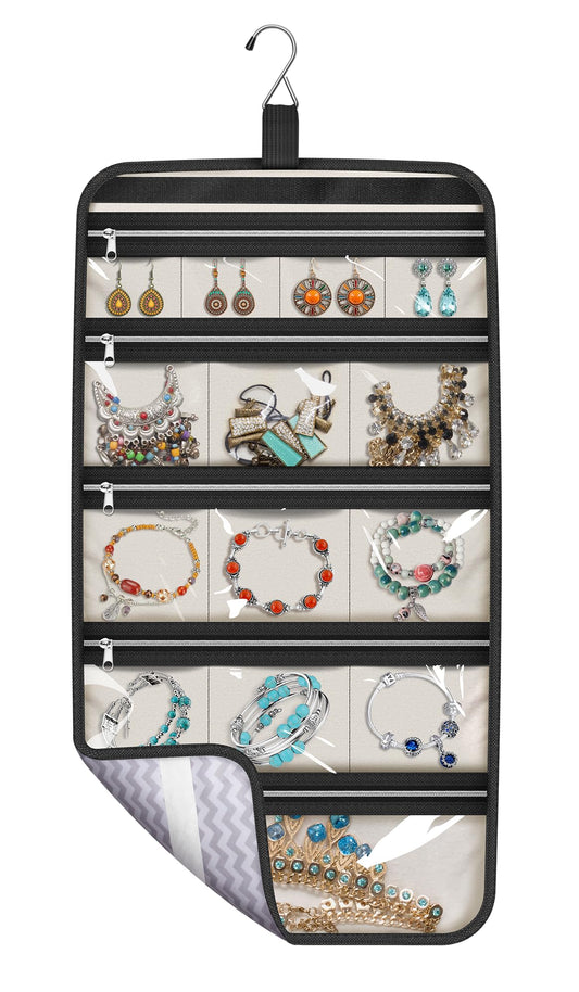 MISSLO Hanging Jewelry Organizer Travel Foldable Jewelry Roll Storage Case with 14 Cotton Zippered Pockets for Traveling, Closet, Suitcase