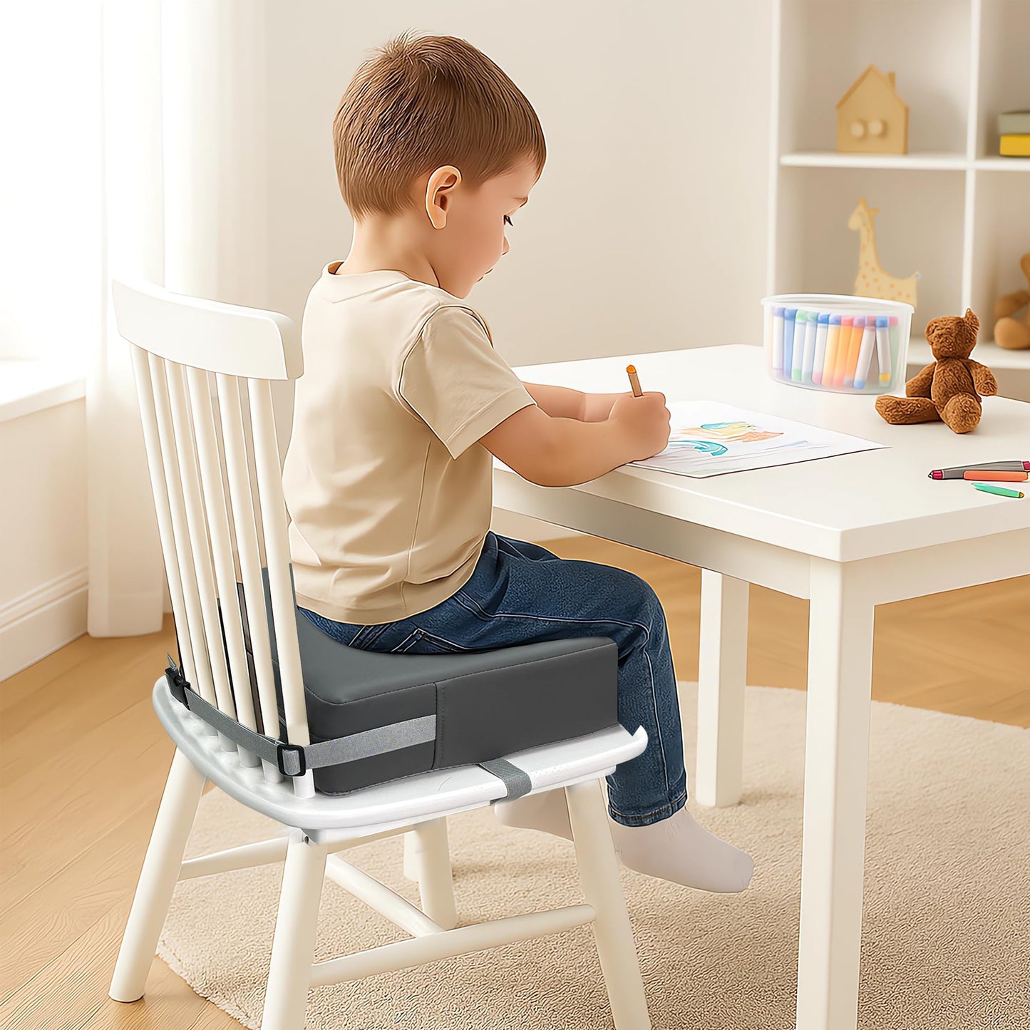 Eiury Booster Seat for Dining Table, PU Anti-Scratch Easy Cleaning Kids Toddler Booster Seat for Table, Portable Increasing Booster Cushion with Non-Slip Bottom and Adjustable Elasticity Straps