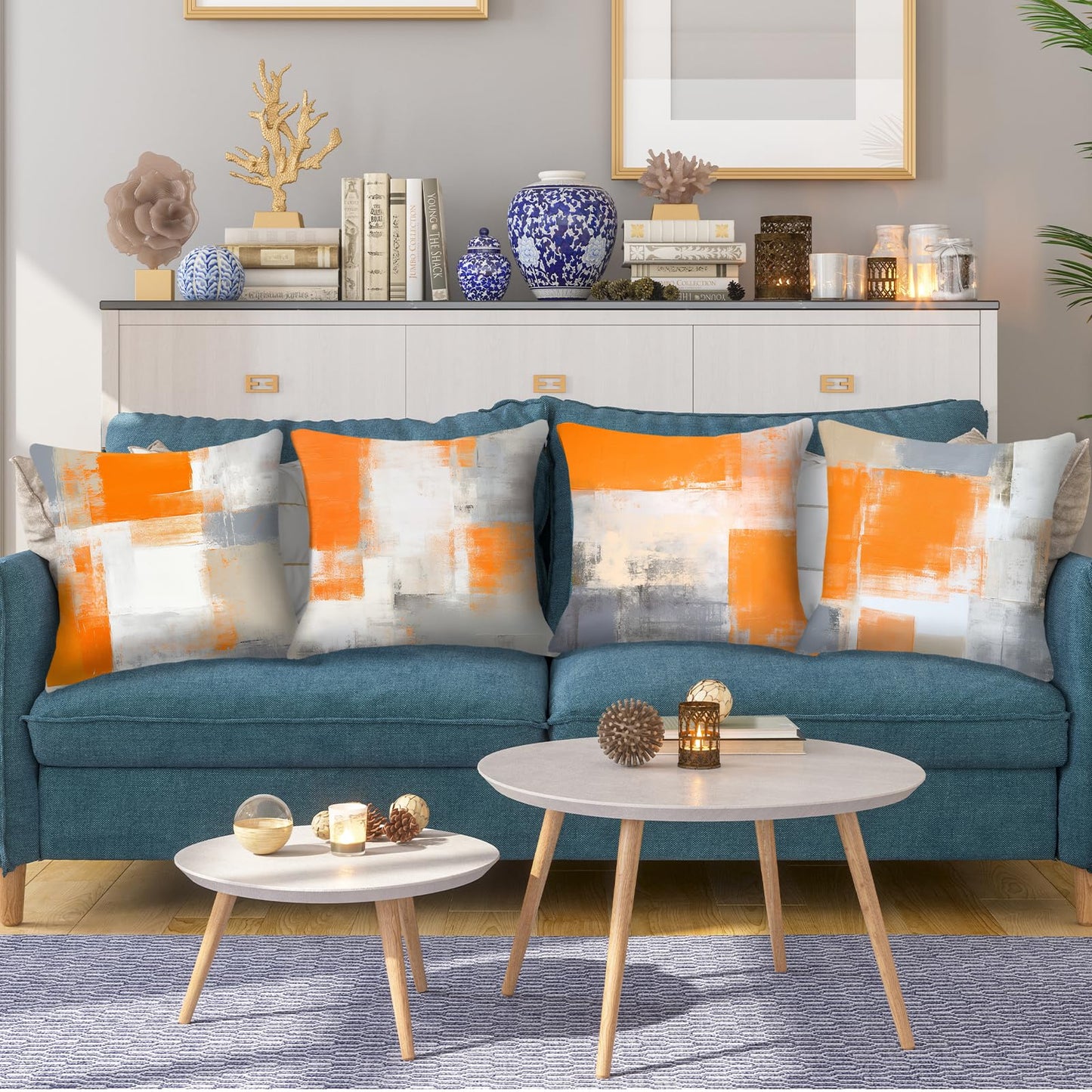 HOSTECCO Orange and Grey Throw Pillow Covers 18x18 inch Set of 4 Orange Abstract Art Pillow Cases Contemporary Square Decorative Cushion Covers for Sofa Couch Bed
