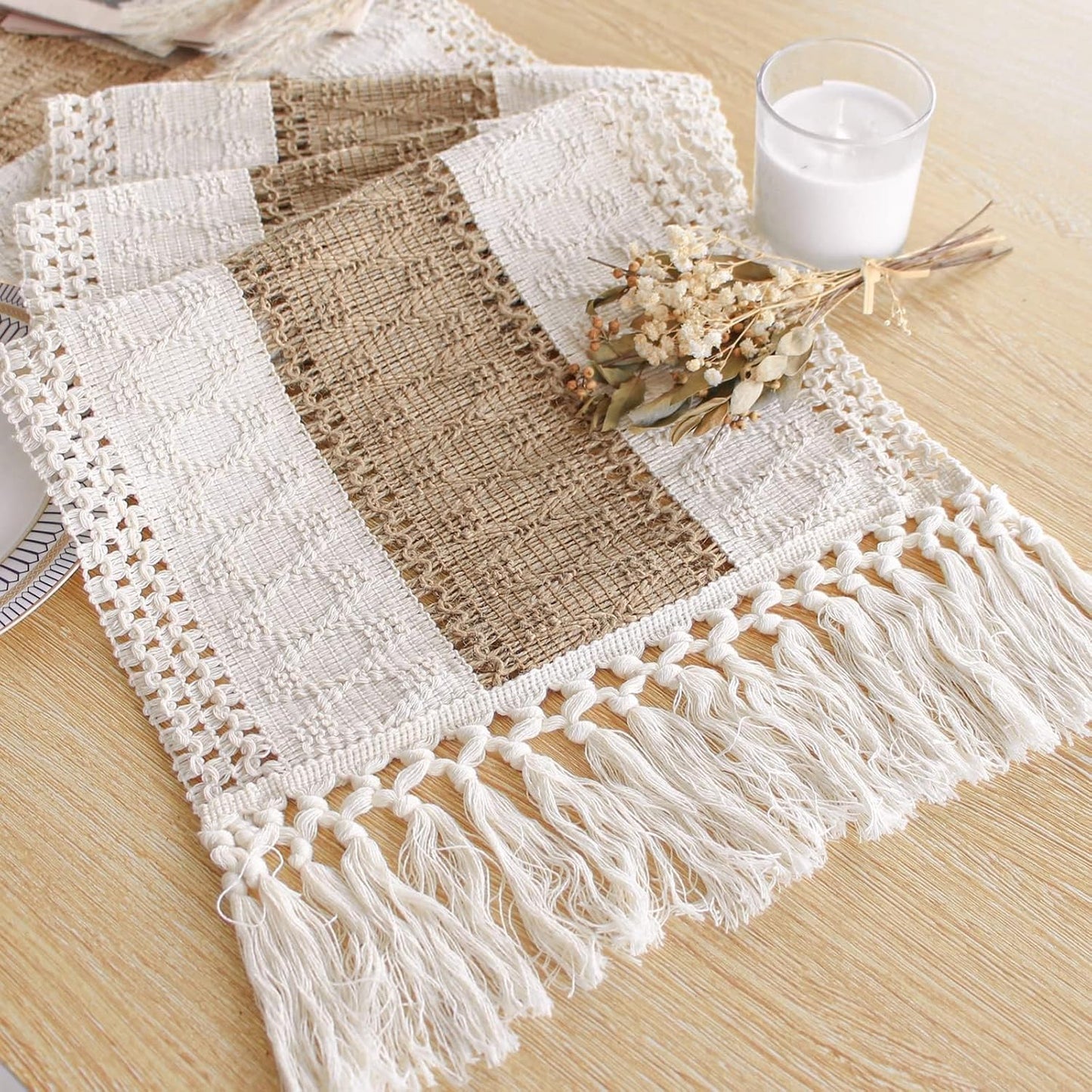 FEXIA Boho Table Runner for Summer Home Decor with Tassels 72 Inches Long Farmhouse Rustic Table Runner Macrame Burlap Table Decoration for Living Room Bridal Shower(12x72 Inches)