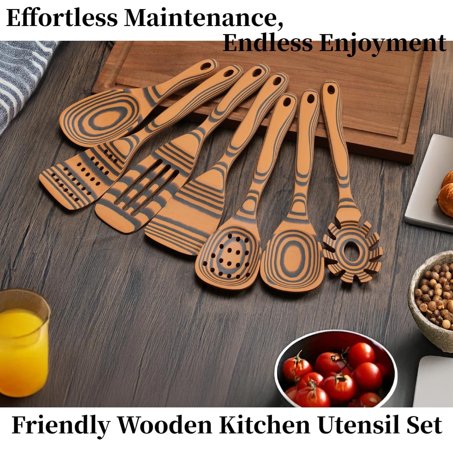 Dishwasher Safe & Maintenance Free Handcraft Wooden Cooking Spoon Set-Sturdy Wooden Spoons for Cooking, 7-Piece Wooden Kitchen Utensil Set for Nonstick Cookware, Heat Resistant