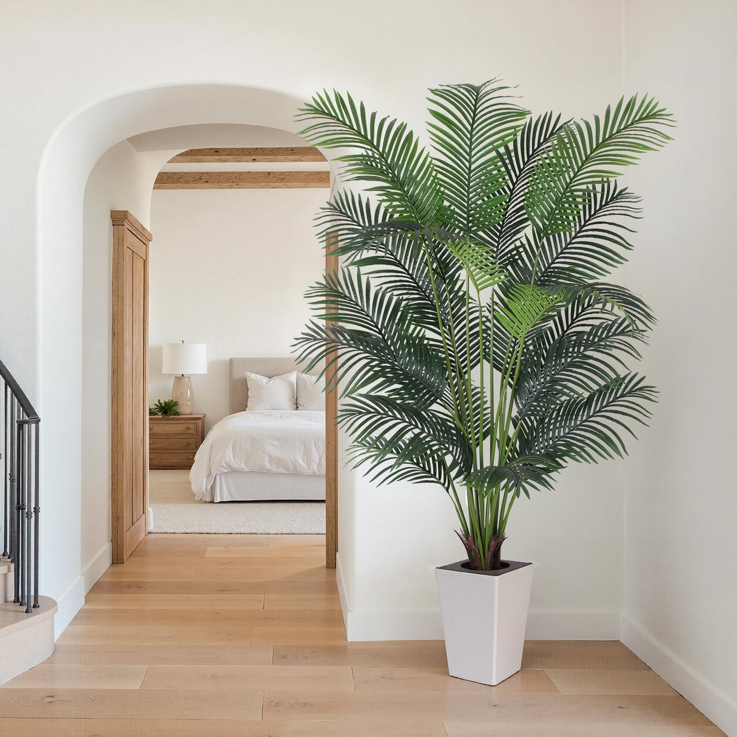 Artificial Palm Tree with White Tall Planter, 7ft Tall Potted Artificial Silk Palm Tree Plant, Fake Tropical Plant, Home Office Floor Room Decor Plants Indoor Outdoor, Housewarming Gift