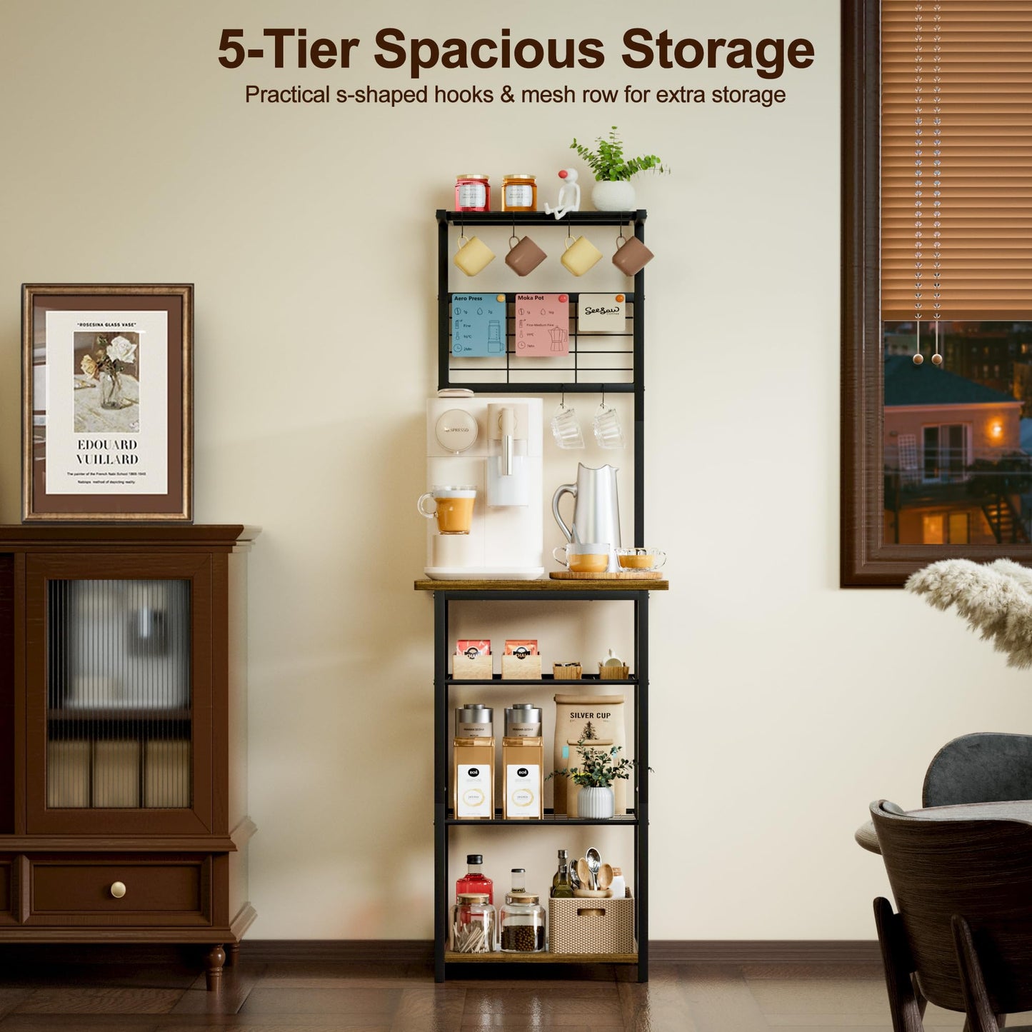 BUTUNITA Coffee Bar Station with 5 Tiers - Small Coffe Bar Kitchen Shelf with 4 S-Shaped Hooks - Corner Storage Baker's Rack for Small Spaces, Entryways, and Living Rooms