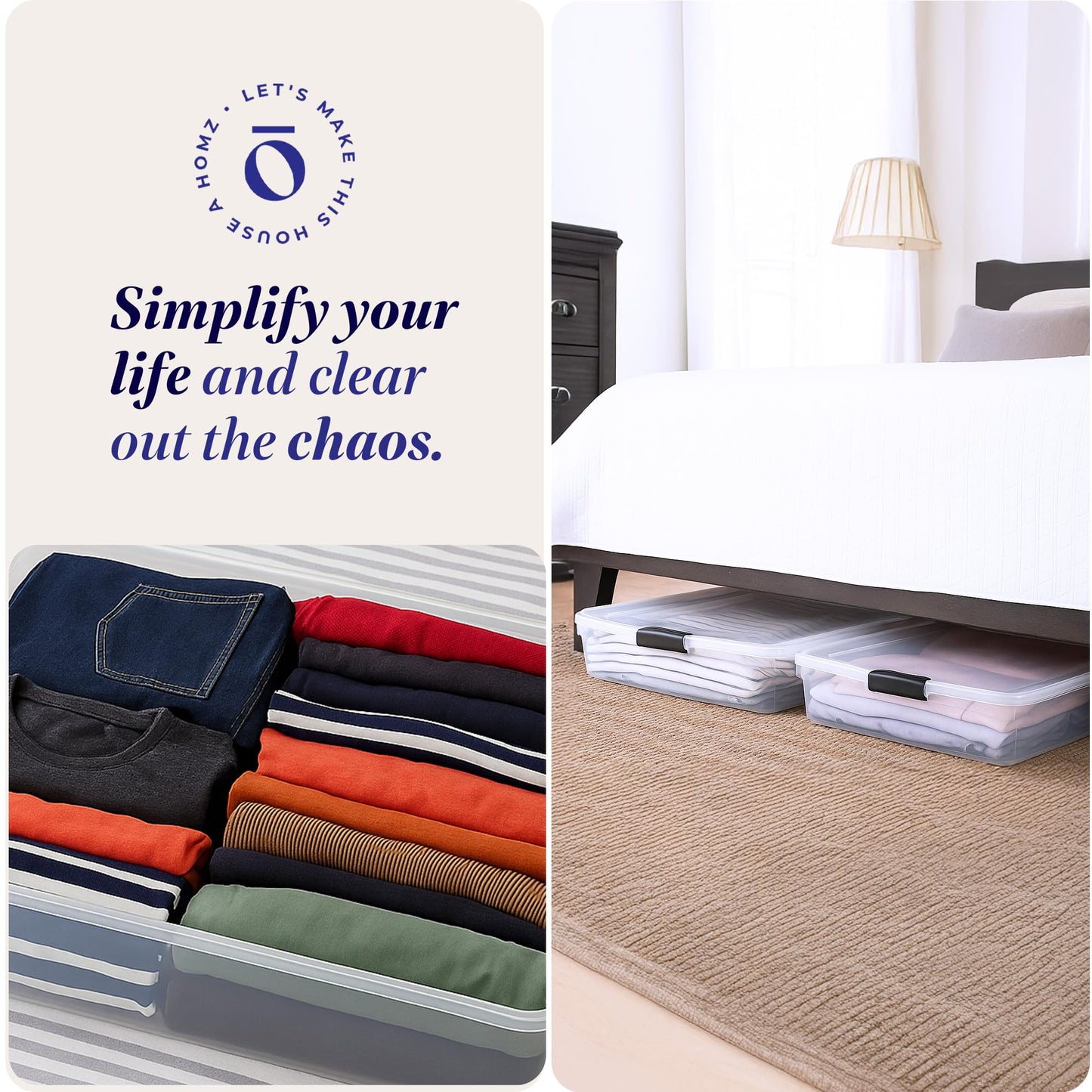 HOMZ 2-Pack Under Bed Storage, Clear Plastic Containers with Lids, 56 Quart, Gray Latch - Stackable Underbed Organizer Bins for Shoes, Bags, Clothes, and Towels