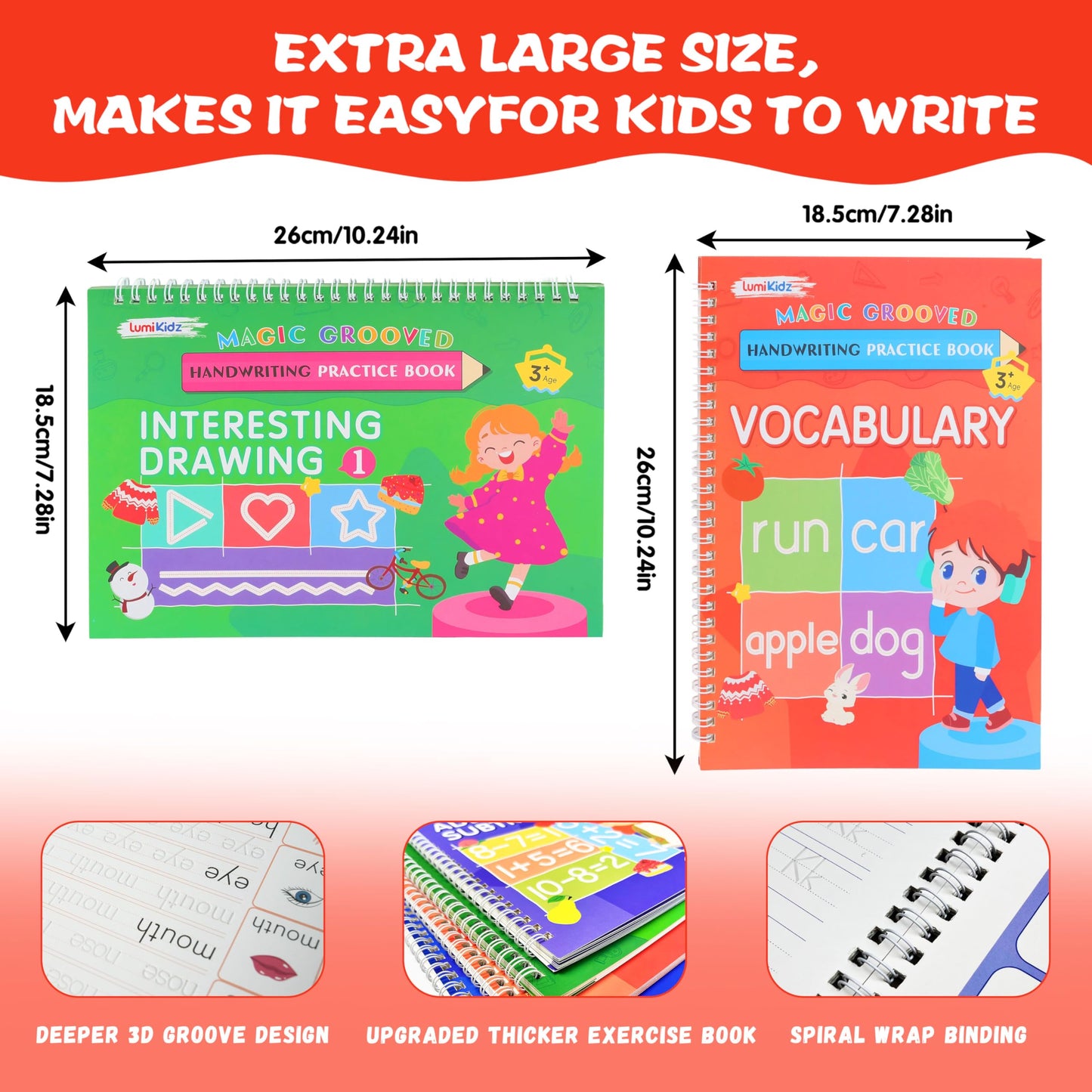 Magic Grooved Writing Practice for Kids Ages 3-8, Reusable Grooved Handwriting Workbooks, Large Writing Practice Books, Kindergarten Workbooks 10.24 * 7.29in(7 Books+Pens)