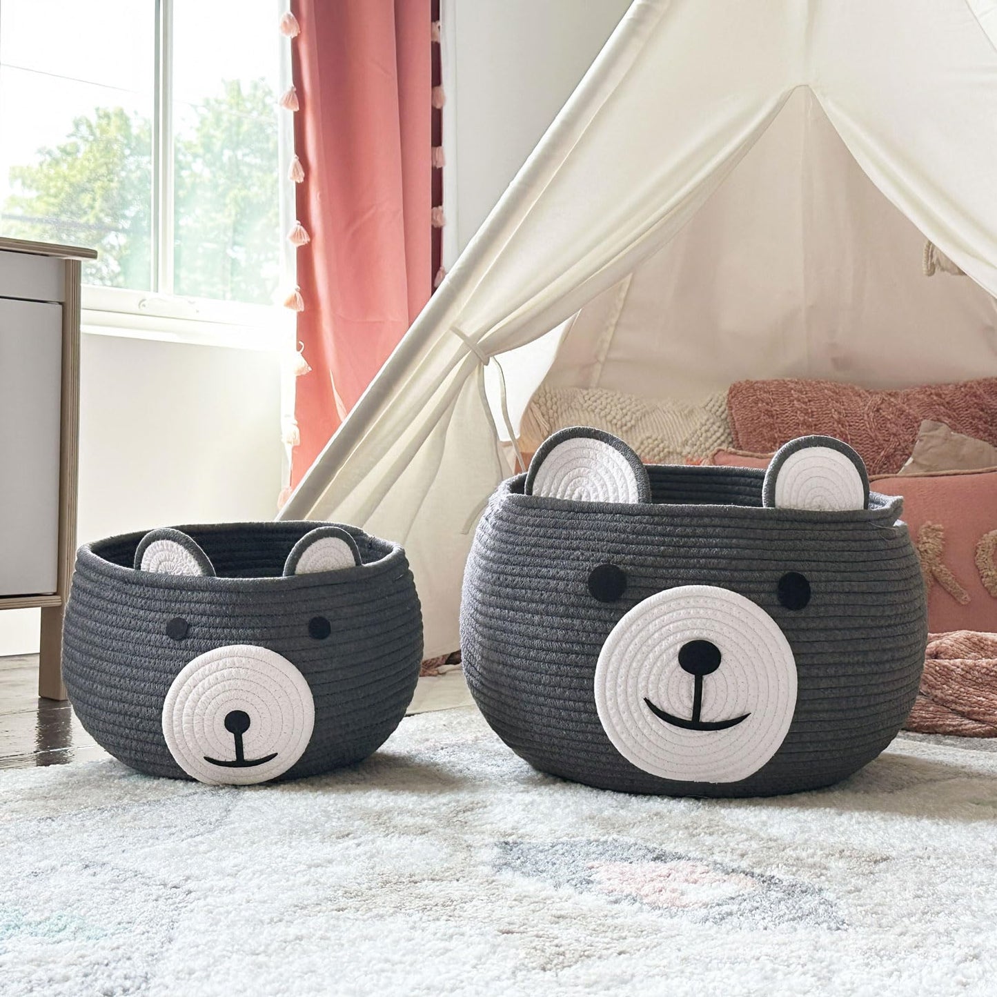 CherryNow Baby Basket for Nursery, Bear Gift Baskets for Kids, Empty Baby Shower Basket with Handles, Small Cute Animal Cotton Rope Baskets, Grey, 10.5"D x 8.5"H