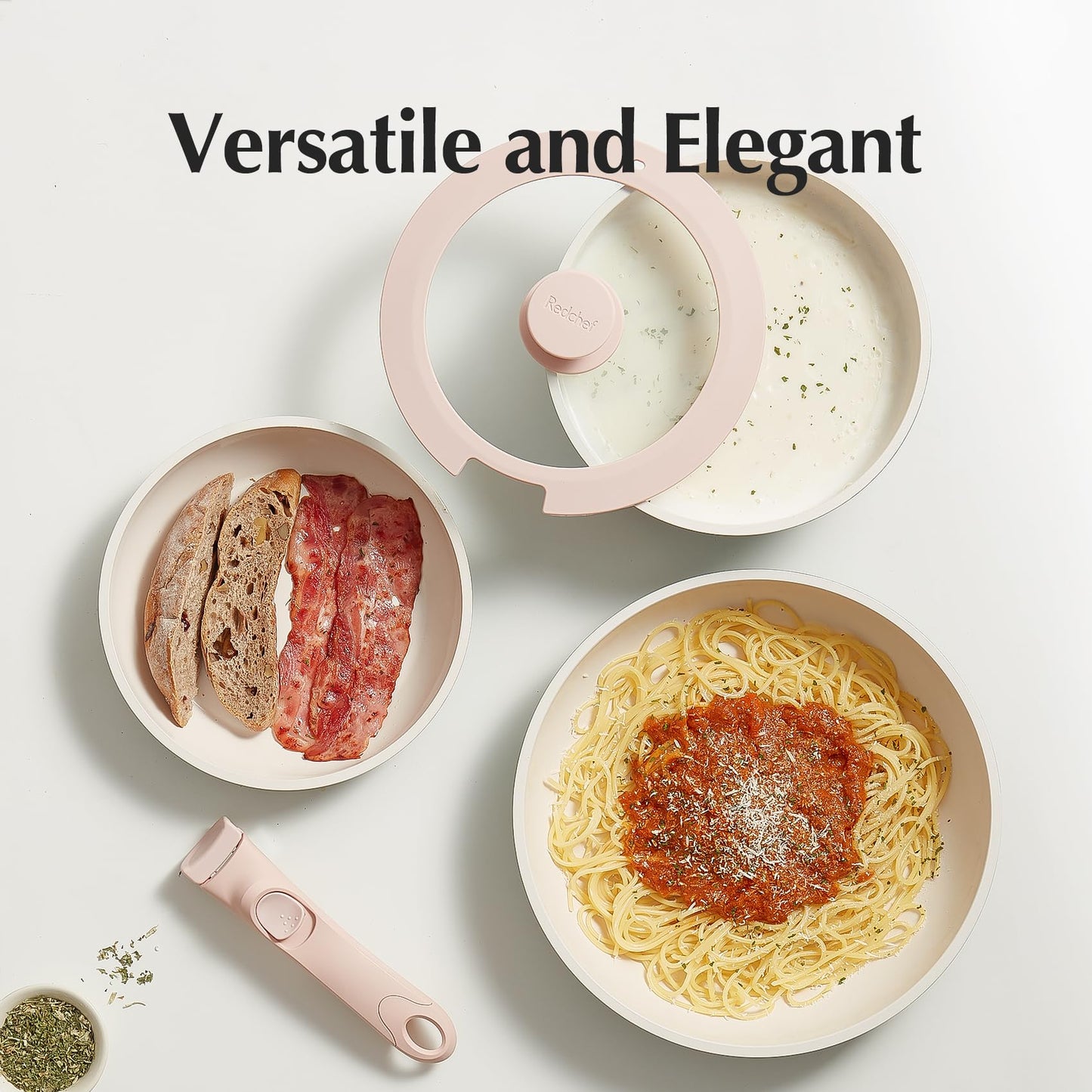 Redchef Ceramic Cookware Set, Removable Handle Pots and Pans Non-Stick, Rv Cookware Set, Non-Toxic Pots and Pans Set No PFAS, PTFE, PFOA, Detachable Pots and Pans, Dishwasher & Oven Safe (Pink)