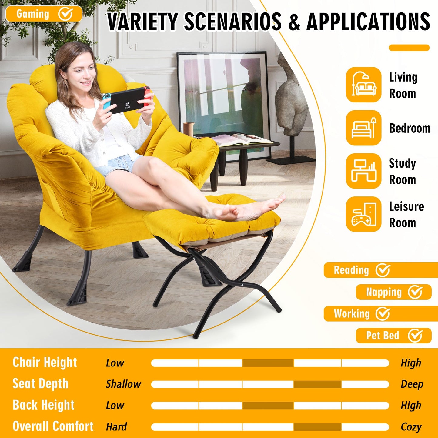 Avocahom Accent Lazy Chair with Ottoman,Leisure Sofa Armchair with Footrest,Oversized Reading Chair for Bedroom,Dorm Room,Living Room,Courtyard,Office,Yellow