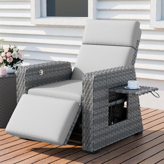 K Knowbody Outdoor Recliner Patio Chair, All-Weather Wicker Furniture Reclining with Air Pump, 150° Lay-Flat Position, Extended Footrest, Flip-Up Side Table, Removable Gray Olefin Cushions