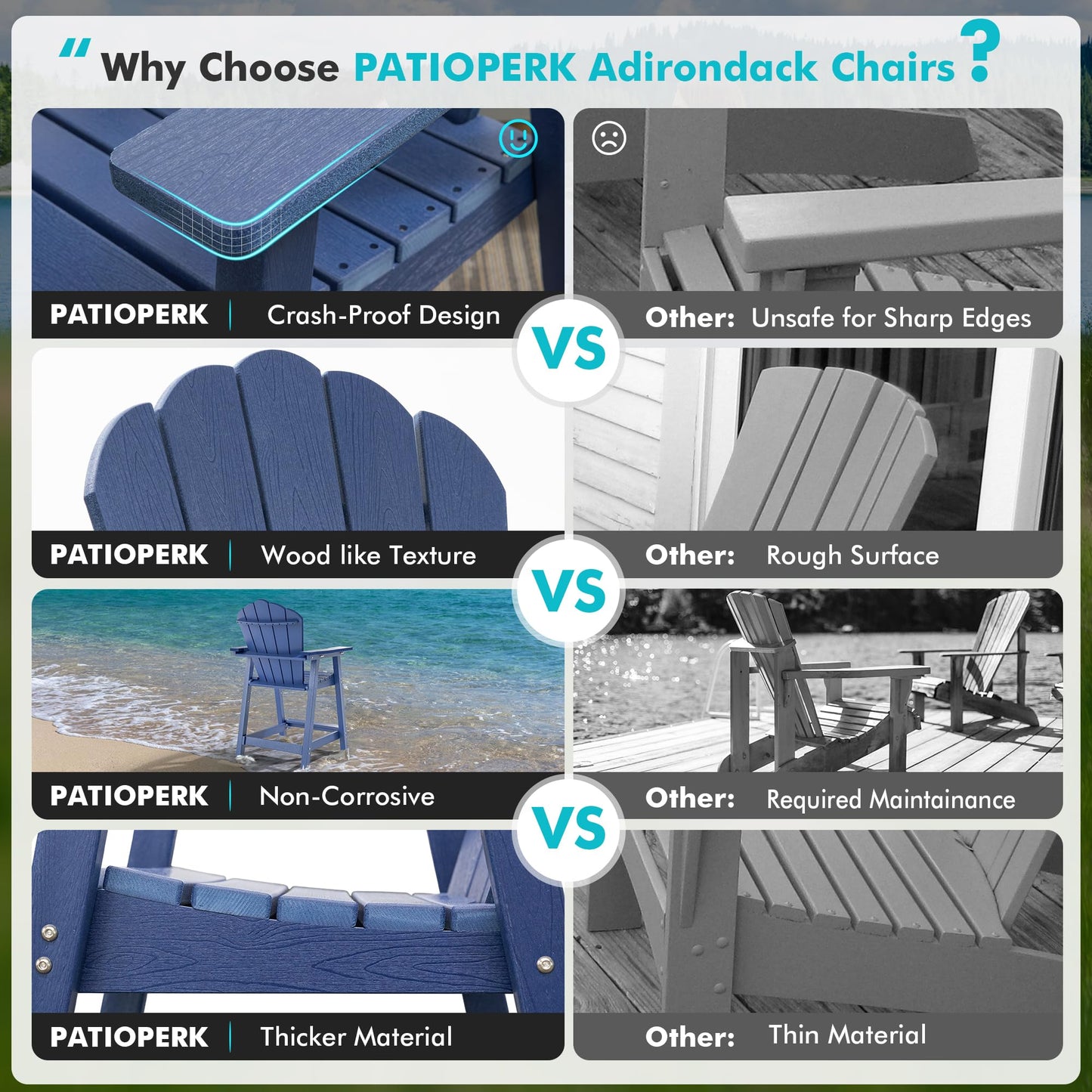 PatioPerk Tall Adirondack Chair Set of 4 with Double Connecting Tray, Recycled HDPE with Wood Grain, Weather Resistant, Outdoor Adirondack Chairs for Deck, Balcony, Patio, Backyard, Navy Blue