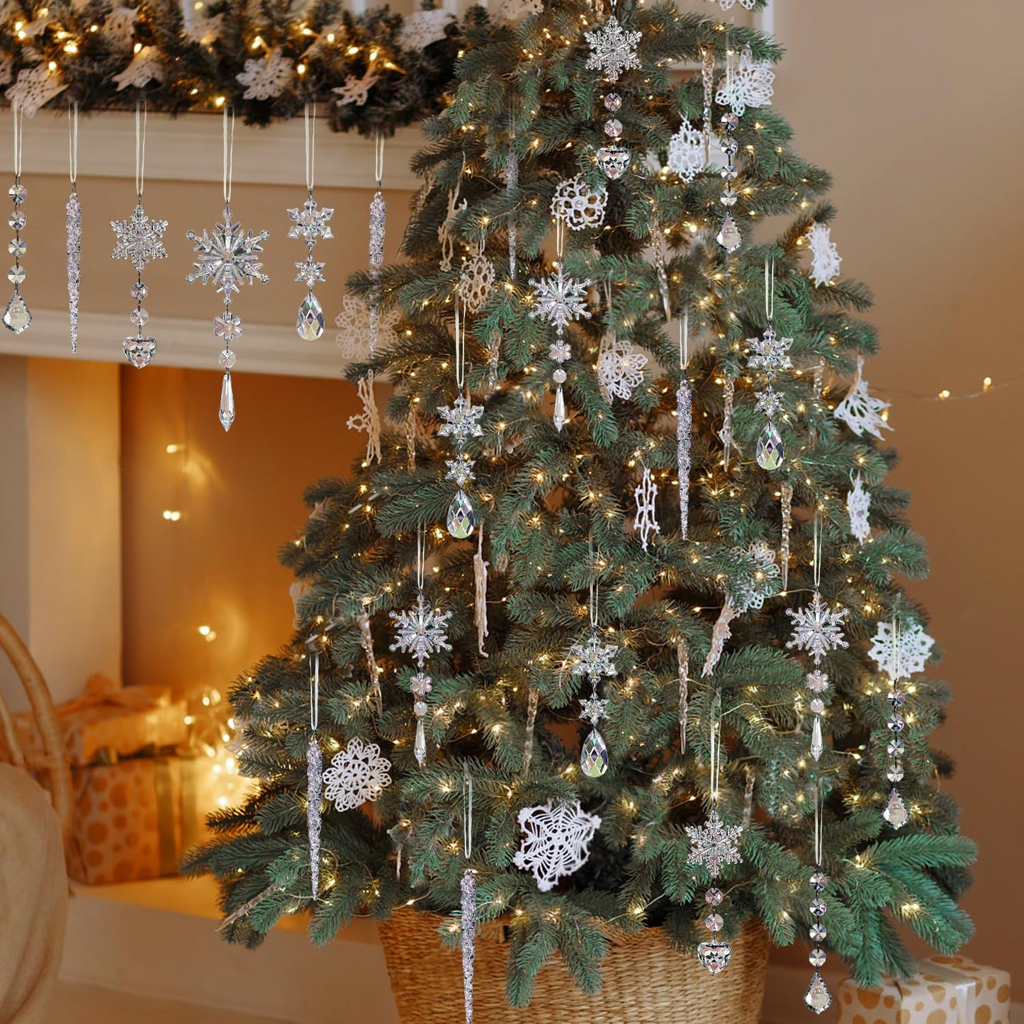 Jishi 21pcs Crystal Christmas Ornaments for Christmas Tree Decorations, Hanging Crystals Acrylic Snowflake Icicle Ornaments Set w/Drop Pendants for Winter Wonderland, Holiday Home Decor Party Supplies