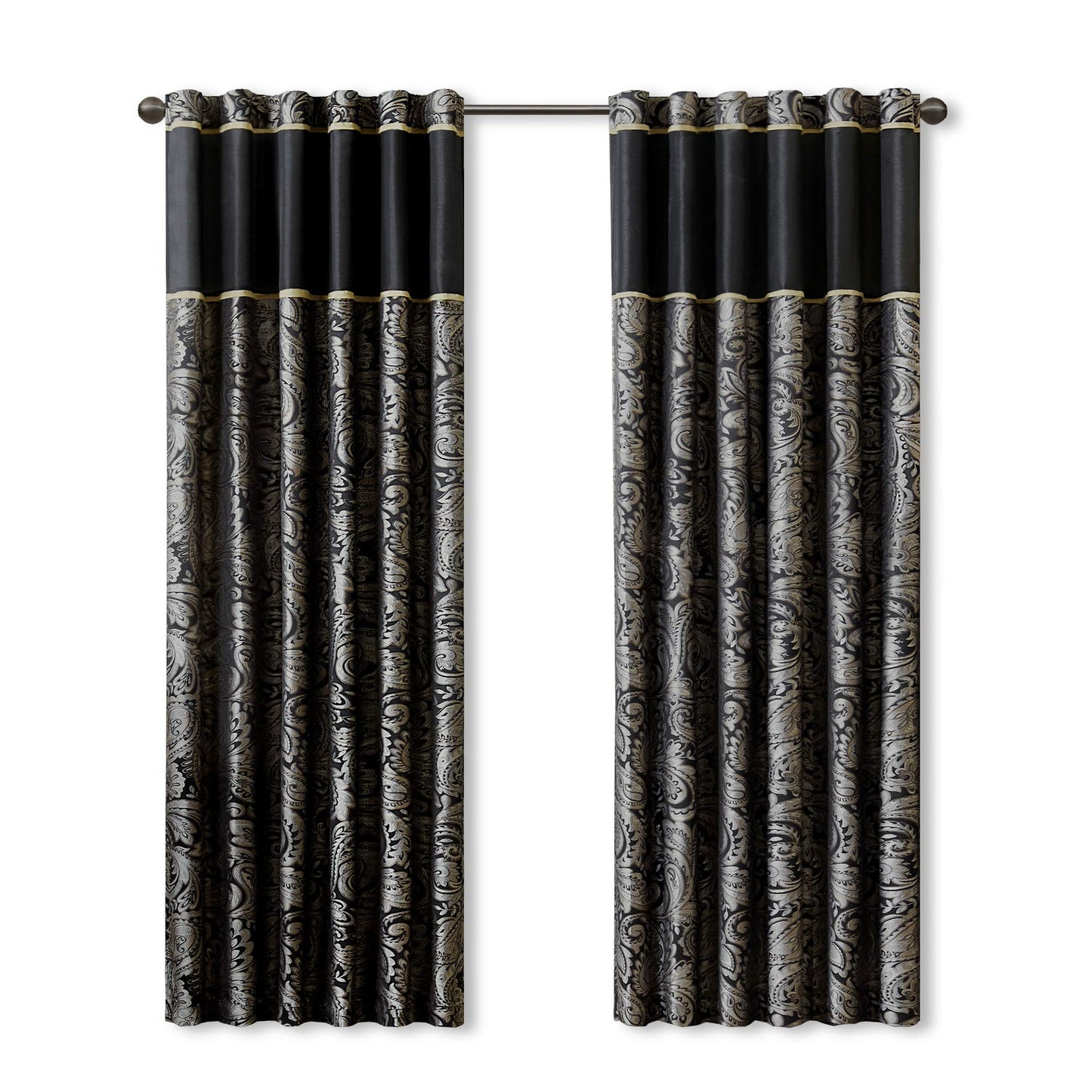 Madison Park Aubrey 2 Panel Curtain Faux Silk Paisley Jacquard, Rod Pocket Curtain For Living Room, Kitchen, Room Darkening Window Drape for Bedroom and Dorm, 2-PK 50x84", Black