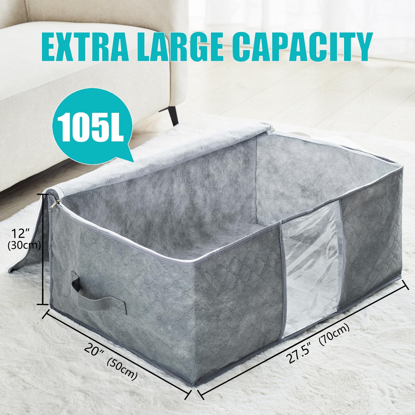 105L Extra Large Storage Bags for Blankets, King Comforters, Bedding, Clothes, Pillows, Sheets - Closet Organizers and Storage with 4 Handles & Clear Window, Foldable & Breathable (Grey, 3pack)