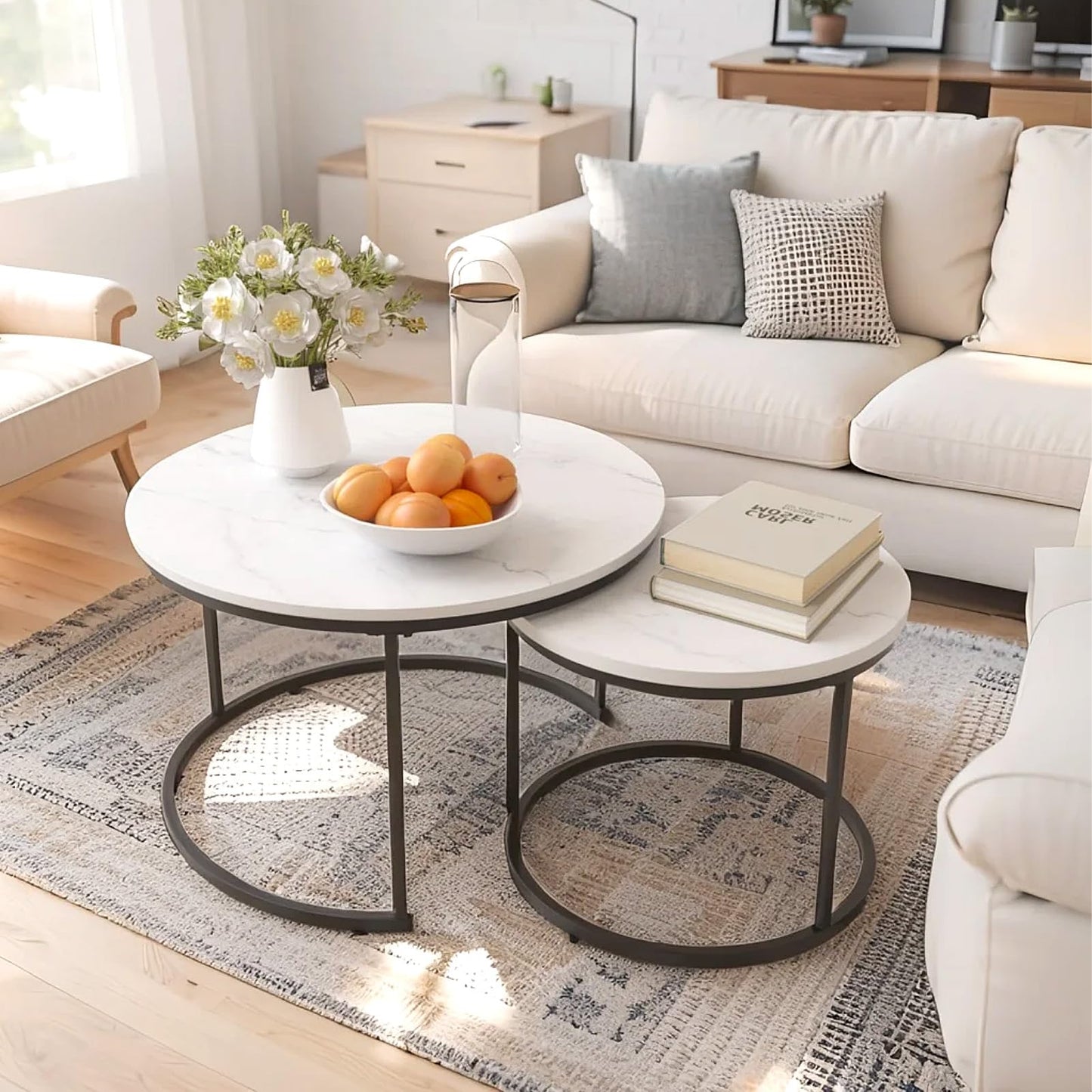 Nesting Coffee Table Set of 2 Marble Pattern with Sturdy Metal Frame Round Side Tables for Living Room and Bedroom (White)