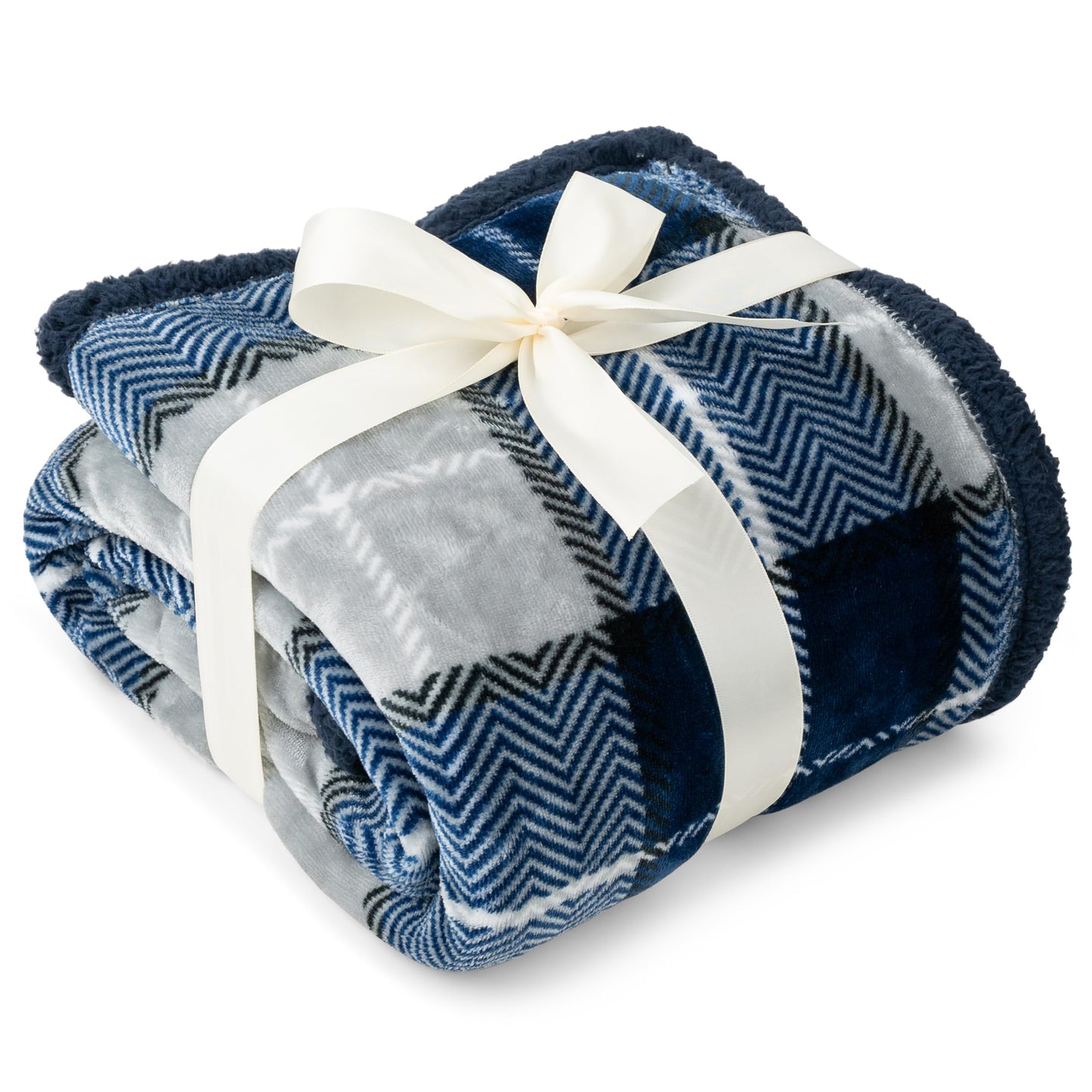 Pavilia Blue Navy Plaid Sherpa Throw Blanket for Couch, Plush Flannel Fleece, Soft Fuzzy Cabin for Sofa Bed, Warm Cozy Winter Gift, 50x60