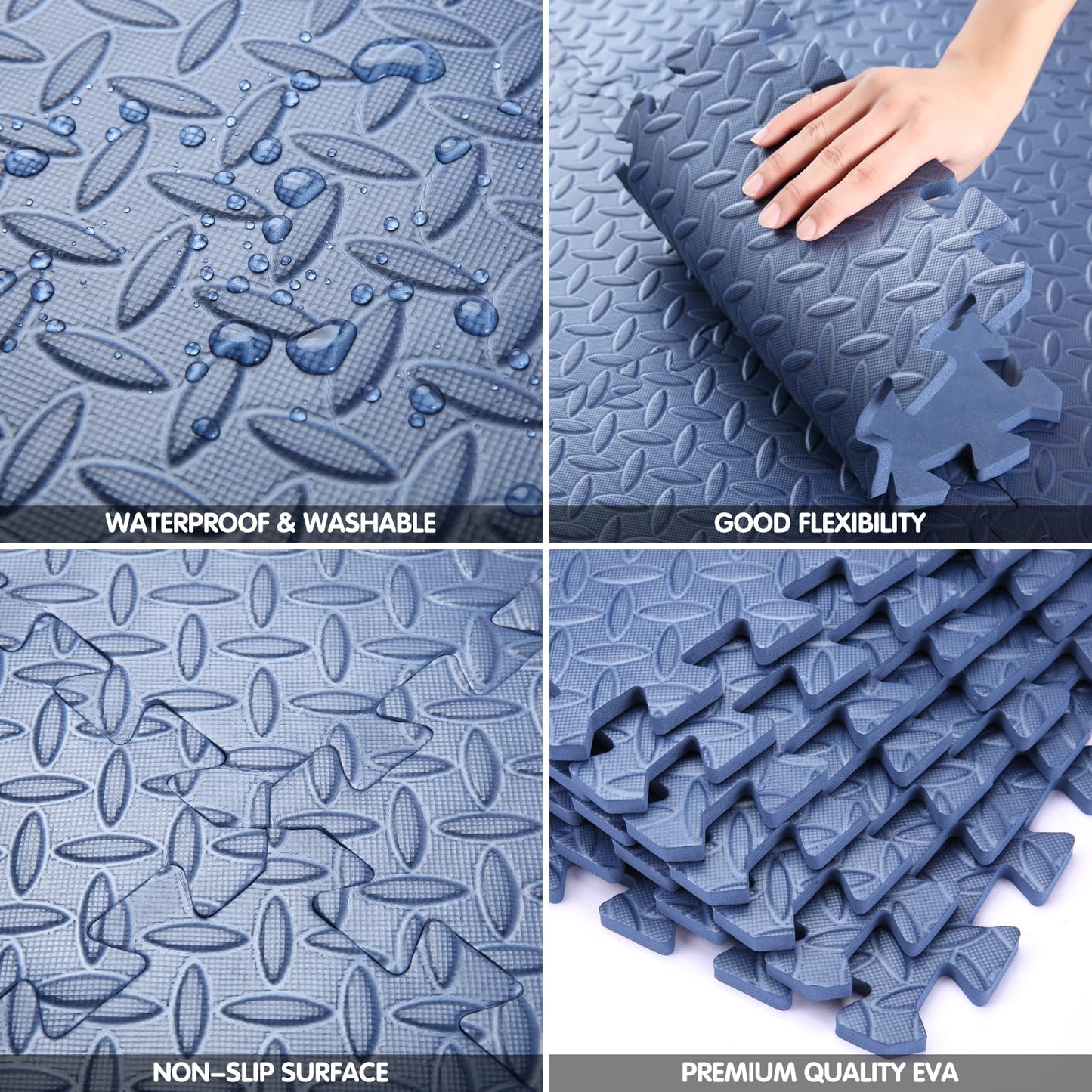 Coolcandy EVA Foam Play Mat, 16 Tiles Colorful Baby Play Mat, Square Kids Playmat with Solid Colored, 0.4" Thickened Interlocking Foam Floor Tiles, Puzzle Play Mat for Baby Lying, Playing (Navy Blue)